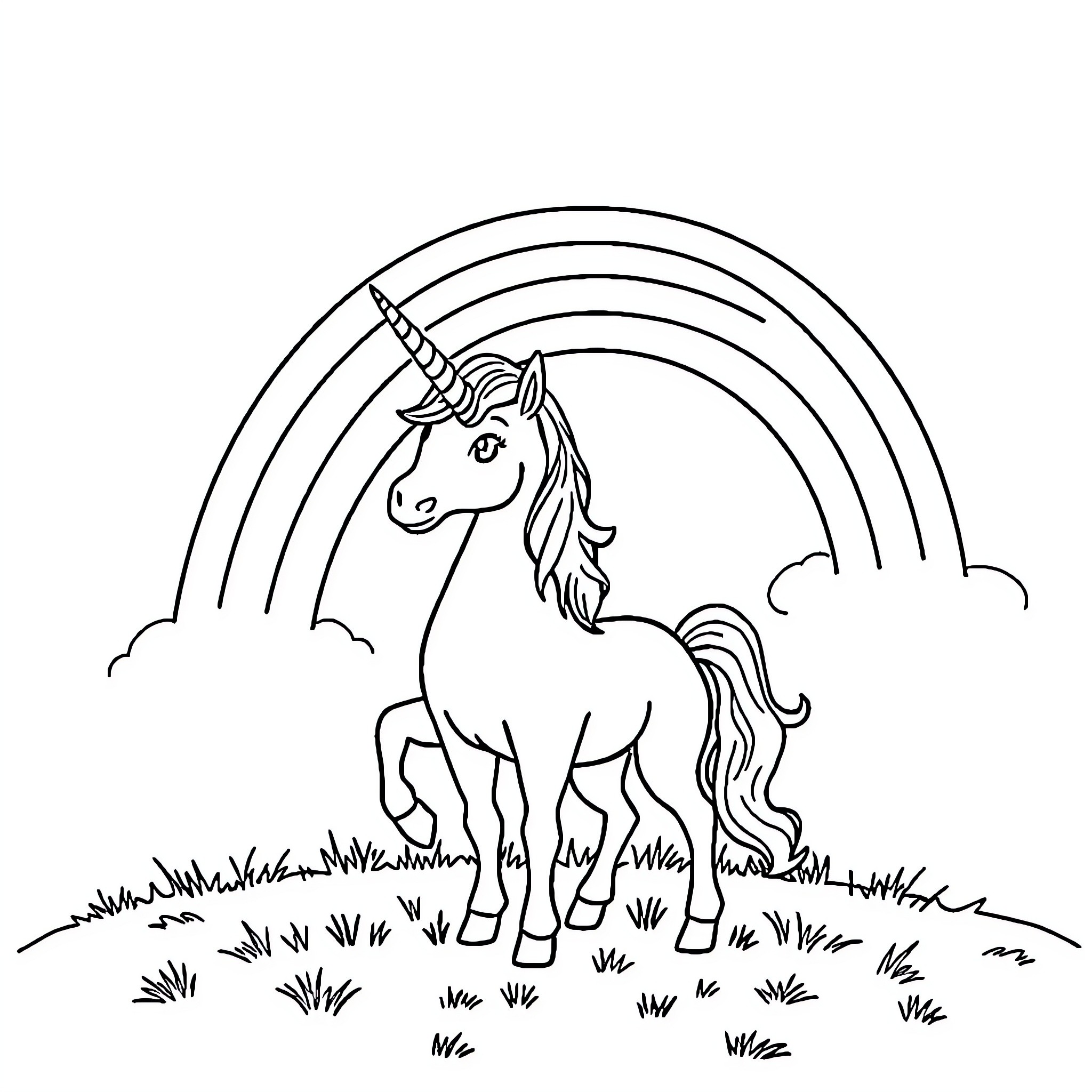 Unicorn frolicking in a magical meadow Coloring Page (free black-and-white line drawing printable PDF for all, from beginners to advanced learners, including children, teens, adults, and seniors)
