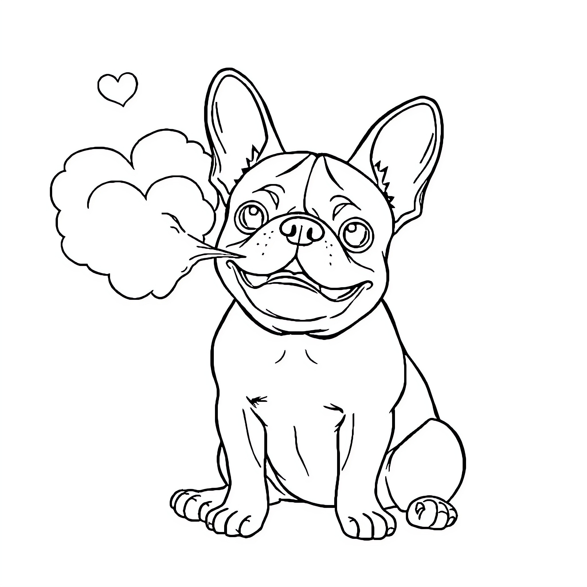 French Bulldog happily breathing out clouds Coloring Page (free black-and-white line drawing printable PDF for all, from beginners to advanced learners, including children, teens, adults, and seniors)