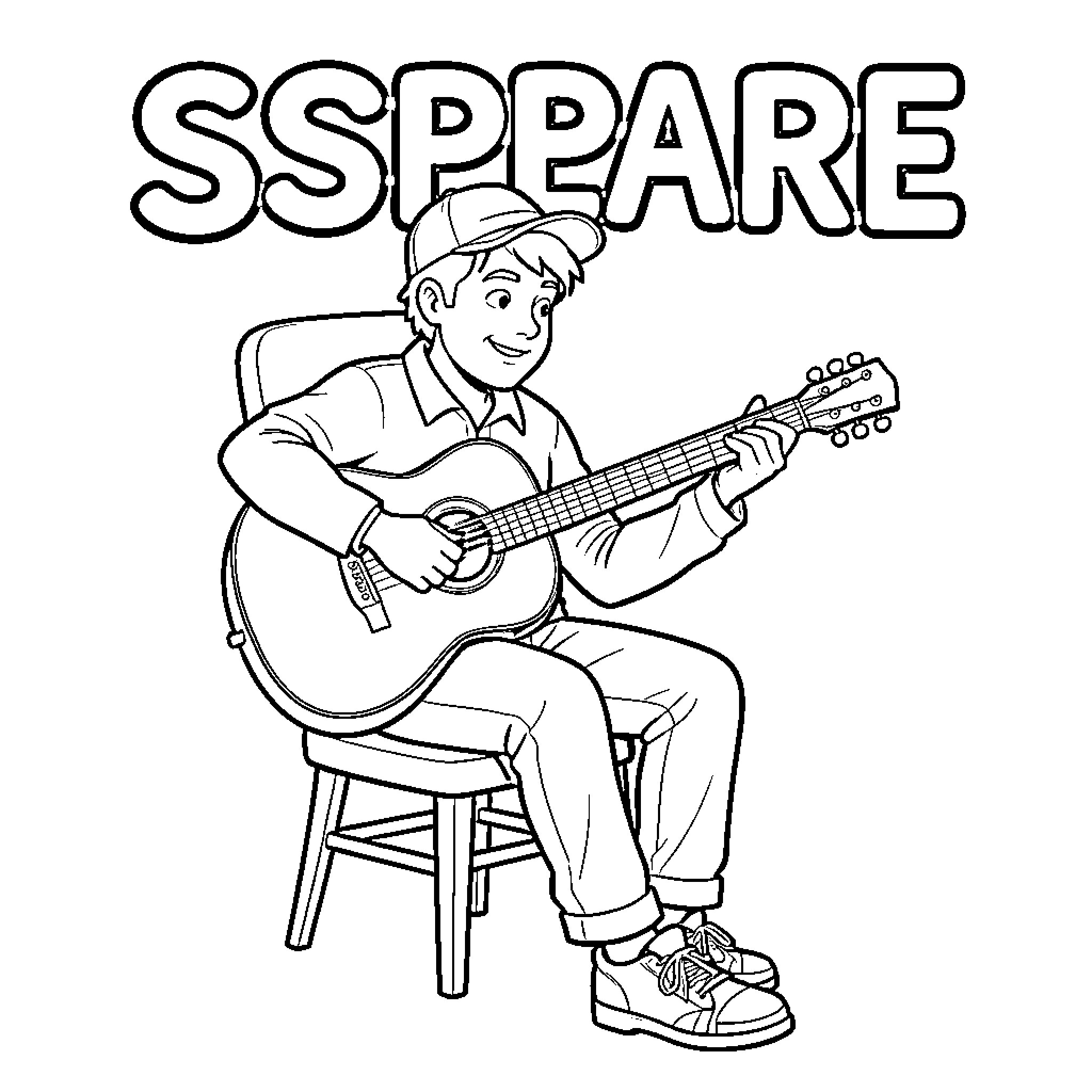 Esperon boy sitting and playing an acoustic guitar Coloring Page (free black-and-white line drawing printable PDF for all, from beginners to advanced learners, including children, teens, adults, and seniors)
