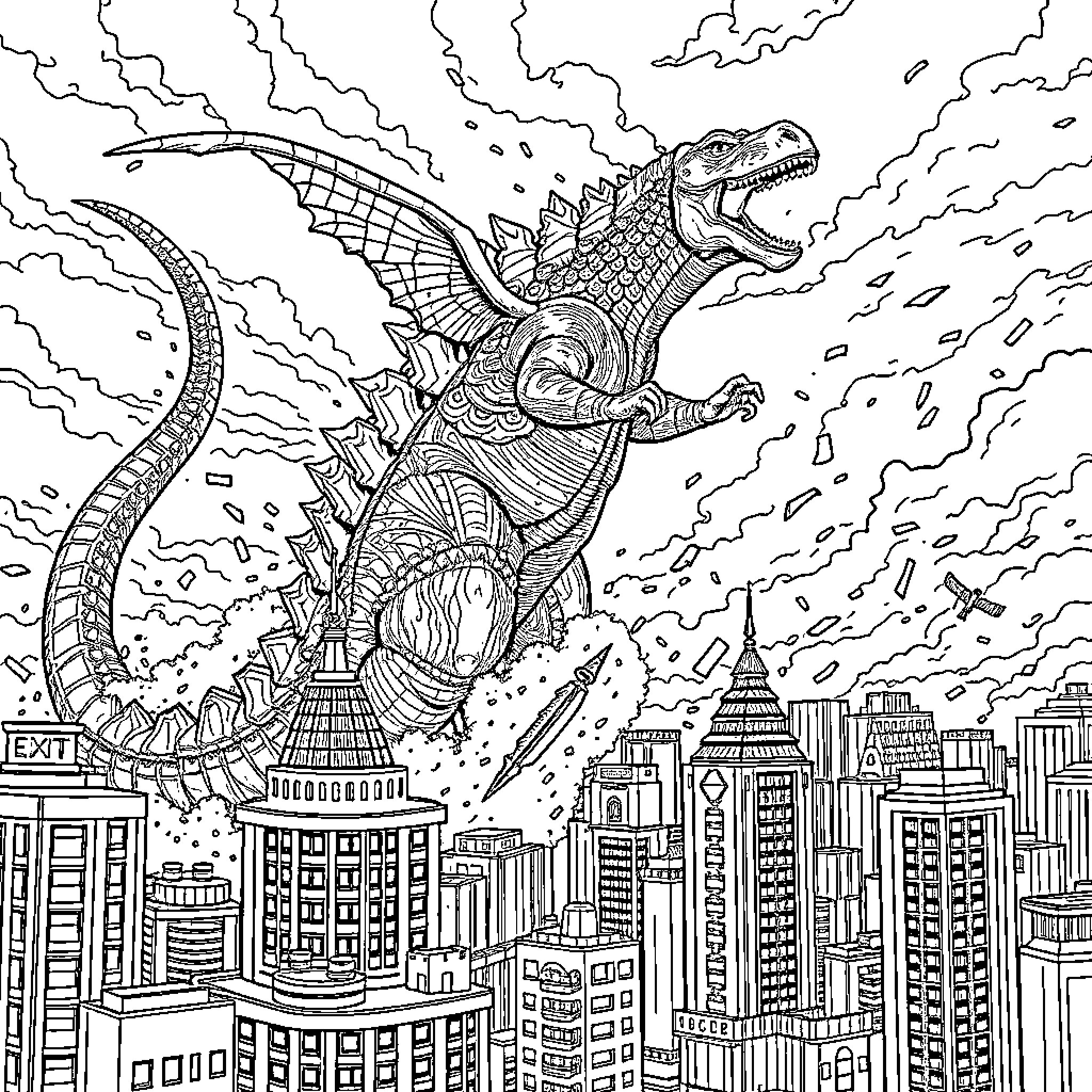 Godzilla rampaging through the city in a dramatic scene Coloring Page (free black-and-white line drawing printable PDF for all, from beginners to advanced learners, including children, teens, adults, and seniors)