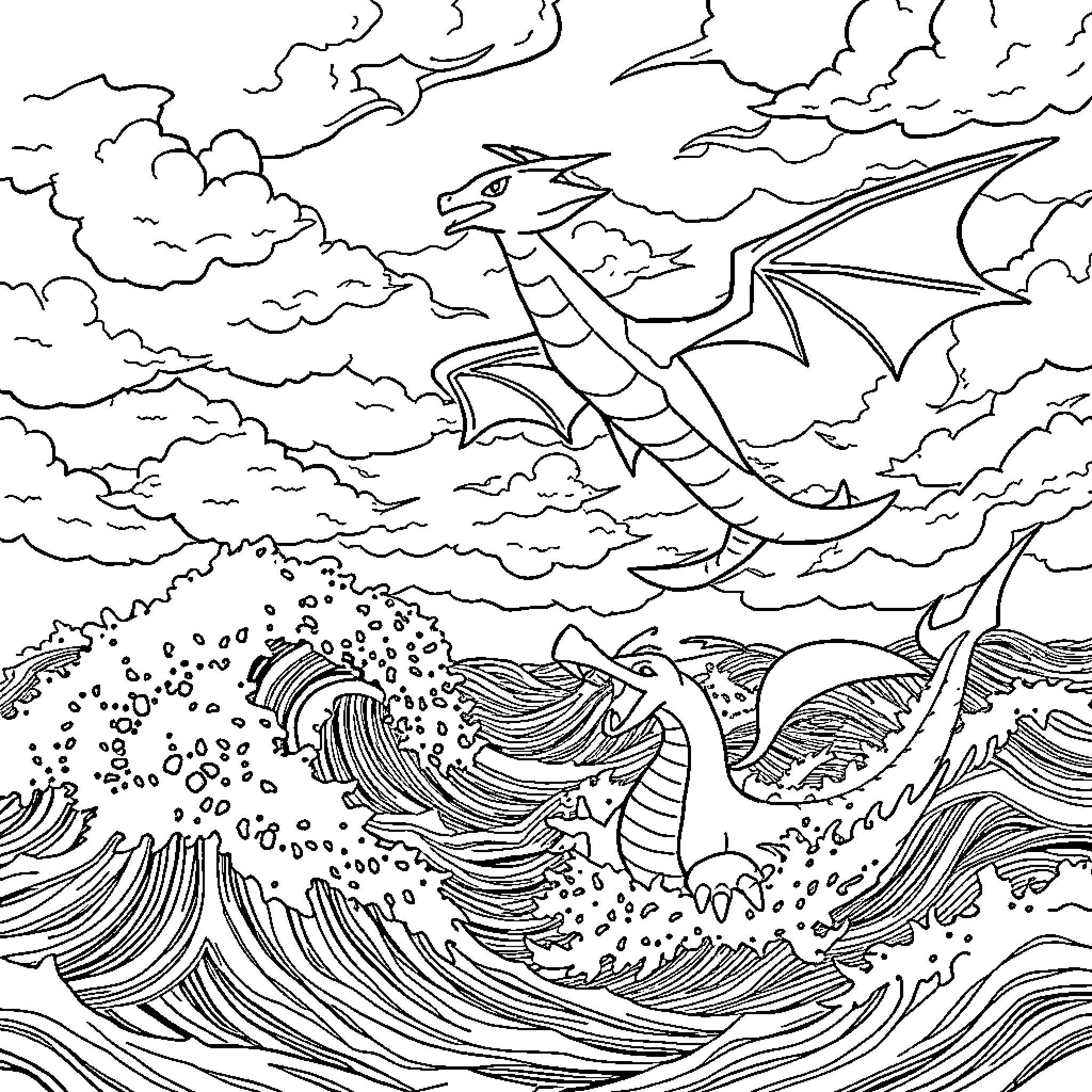 Dragon soaring through the stormy skies Coloring Page (free black-and-white line drawing printable PDF for all, from beginners to advanced learners, including children, teens, adults, and seniors)