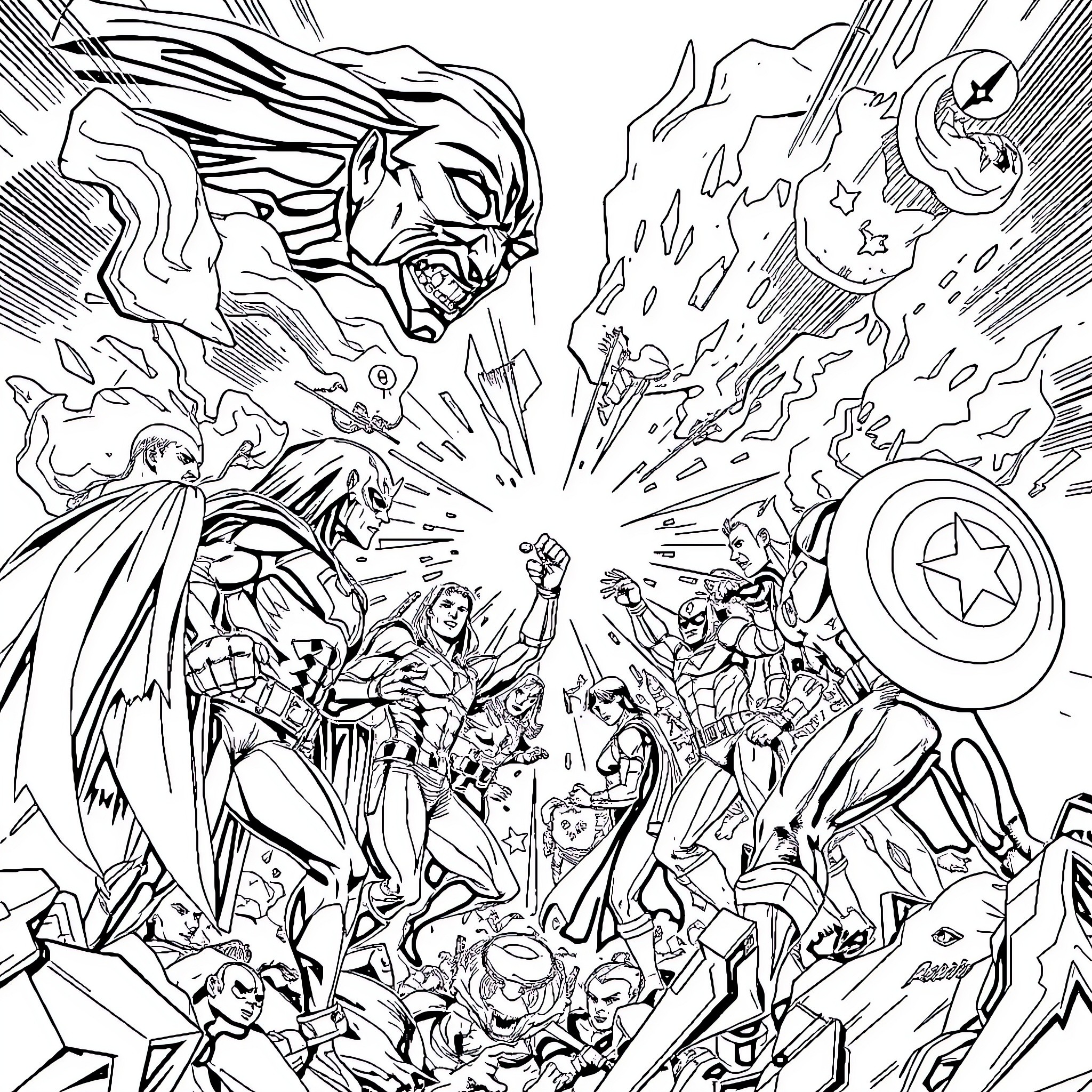 Superheroes in Epic Battle Scene Coloring Page (free black-and-white line drawing printable PDF for all, from beginners to advanced learners, including children, teens, adults, and seniors)