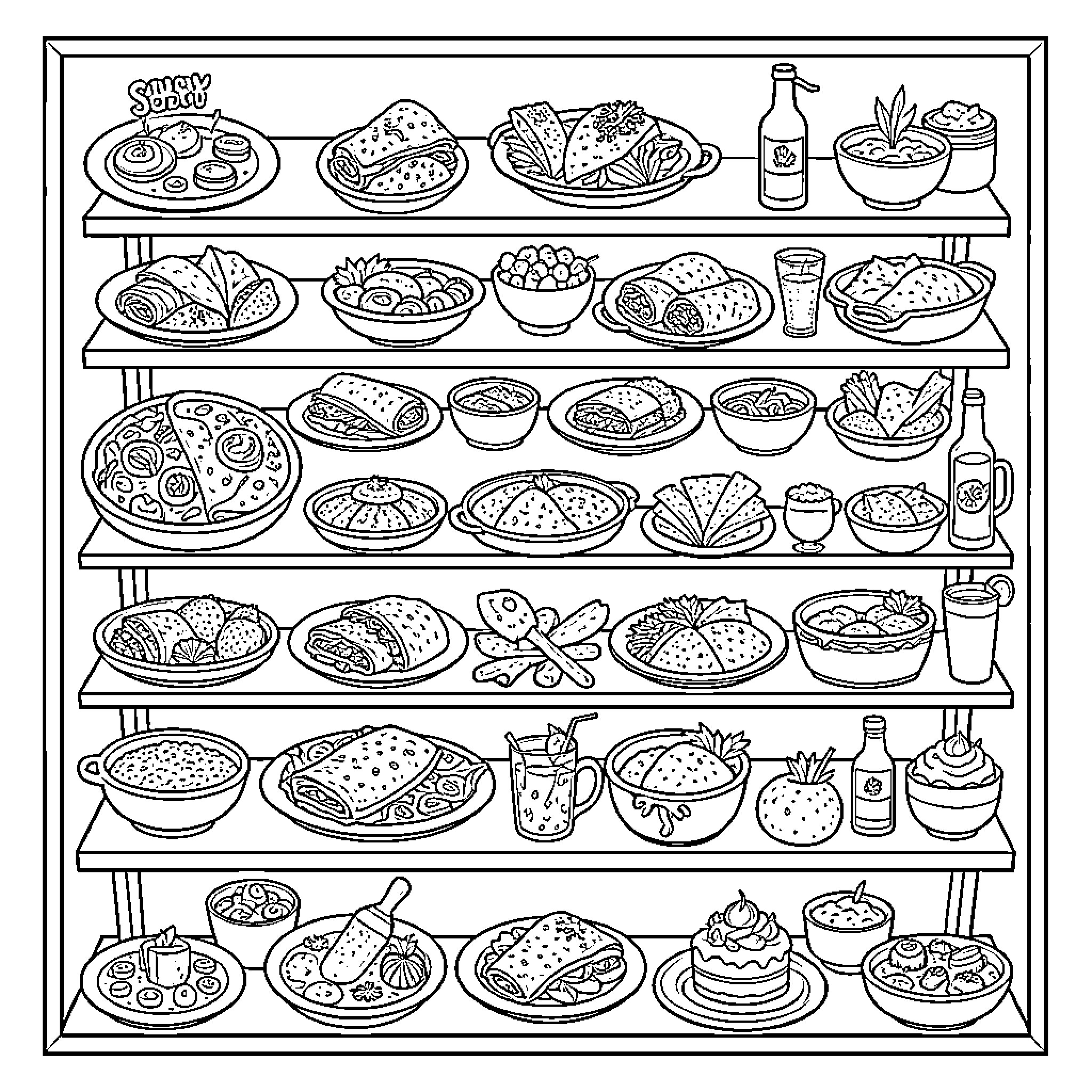 Food items neatly arranged on several bakery shelves Coloring Page (free black-and-white line drawing printable PDF for all, from beginners to advanced learners, including children, teens, adults, and seniors)