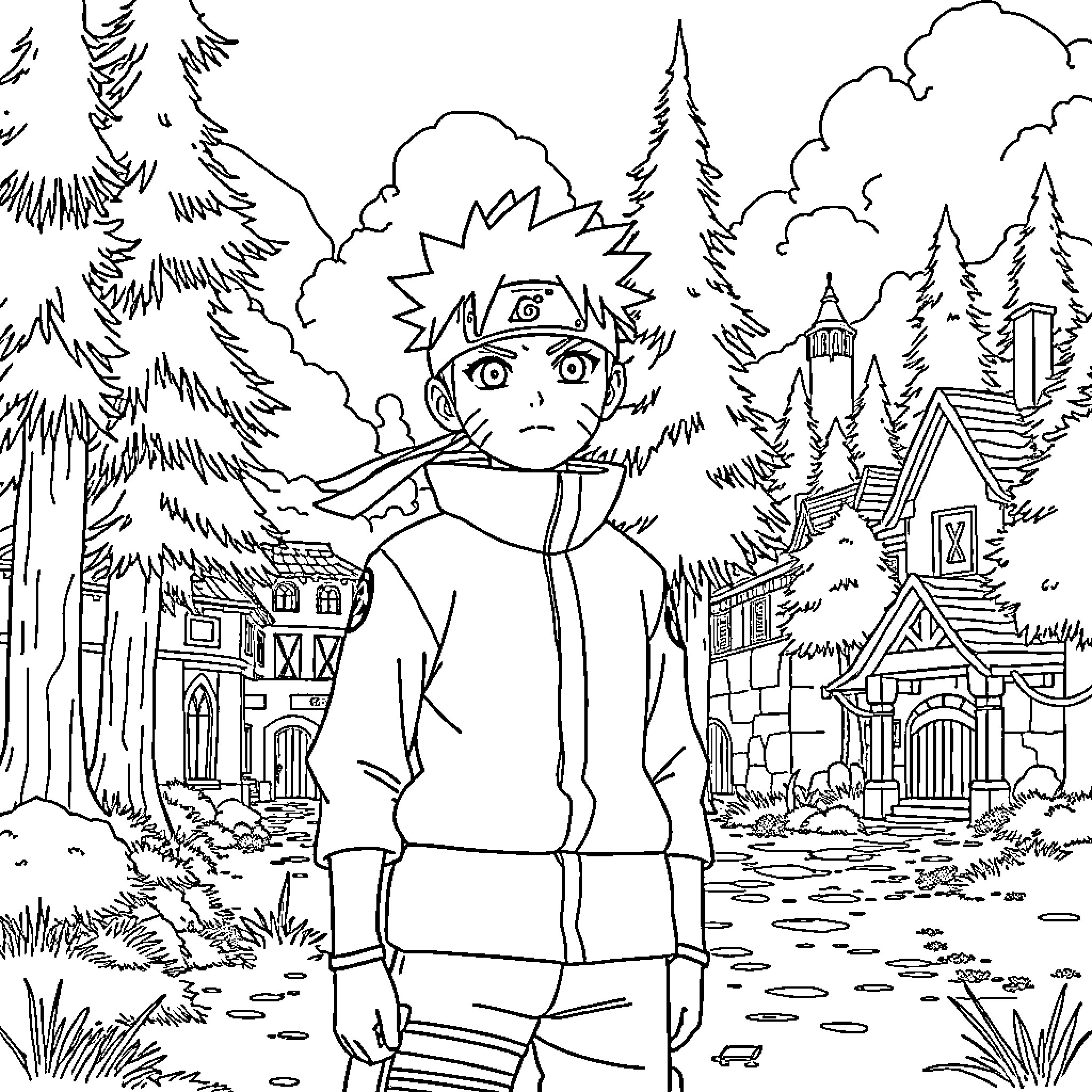 Naruto's Adventure in the Ninja Village Coloring Page (free black-and-white line drawing printable PDF for all, from beginners to advanced learners, including children, teens, adults, and seniors)