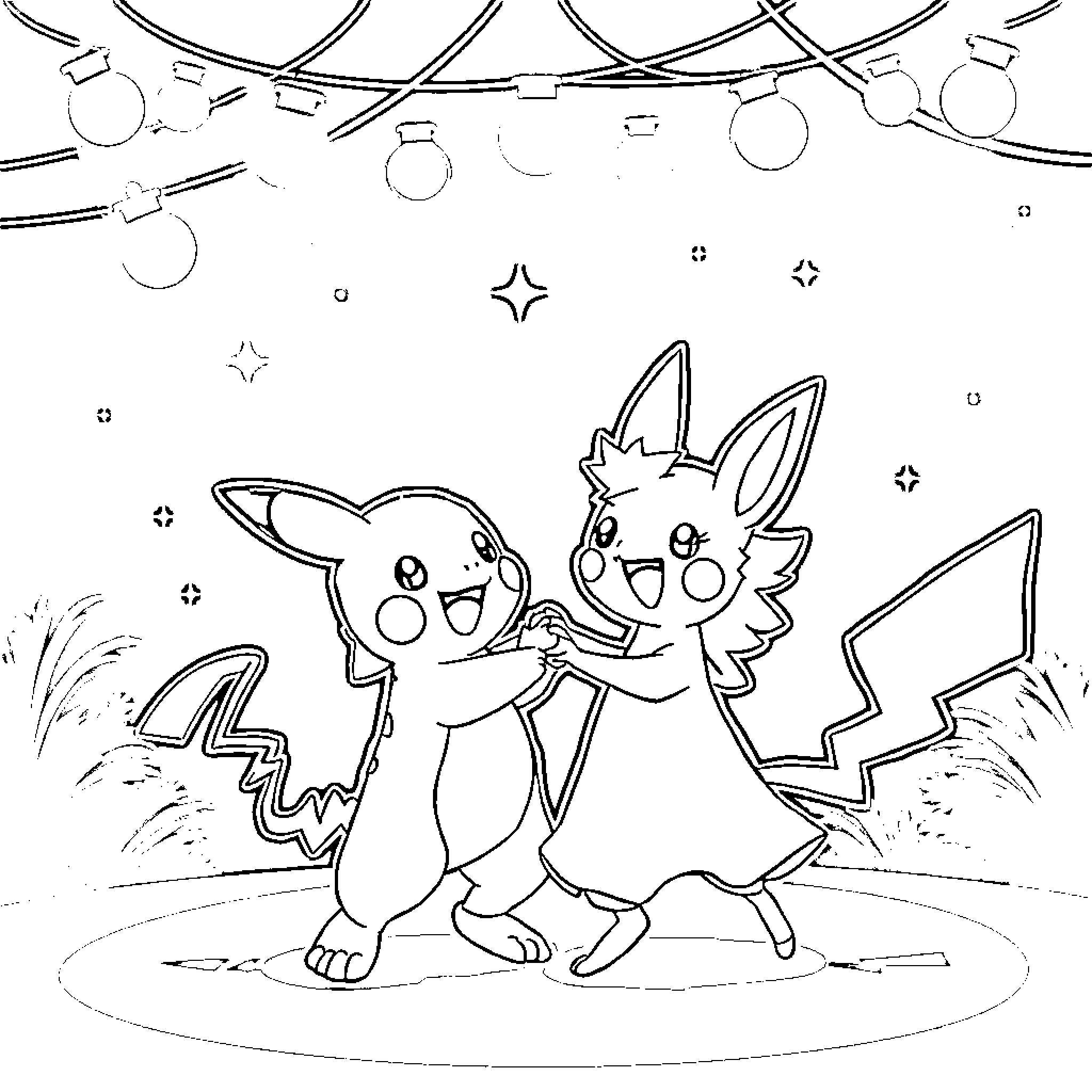 Pokémon characters playing in a festive night scene Coloring Page (free black-and-white line drawing printable PDF for all, from beginners to advanced learners, including children, teens, adults, and seniors)