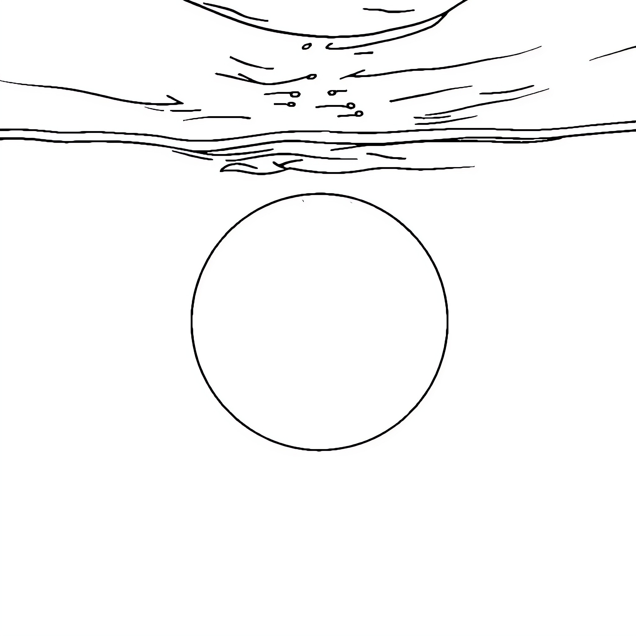 Ball floating in abstract underwater scene Coloring Page (free black-and-white line drawing printable PDF for all, from beginners to advanced learners, including children, teens, adults, and seniors)