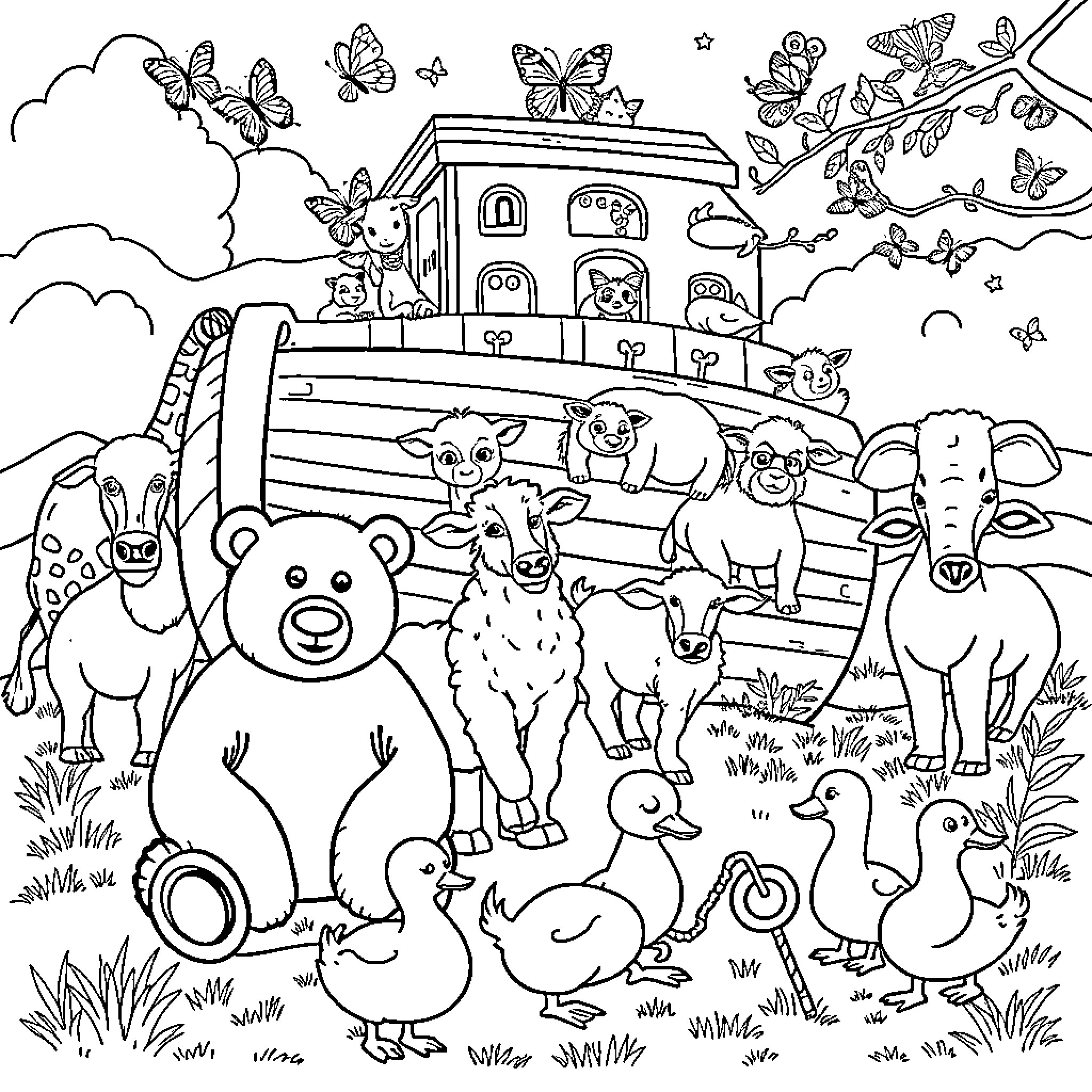 Animal Gathering at the Farmhouse Coloring Page (free black-and-white line drawing printable PDF for all, from beginners to advanced learners, including children, teens, adults, and seniors)