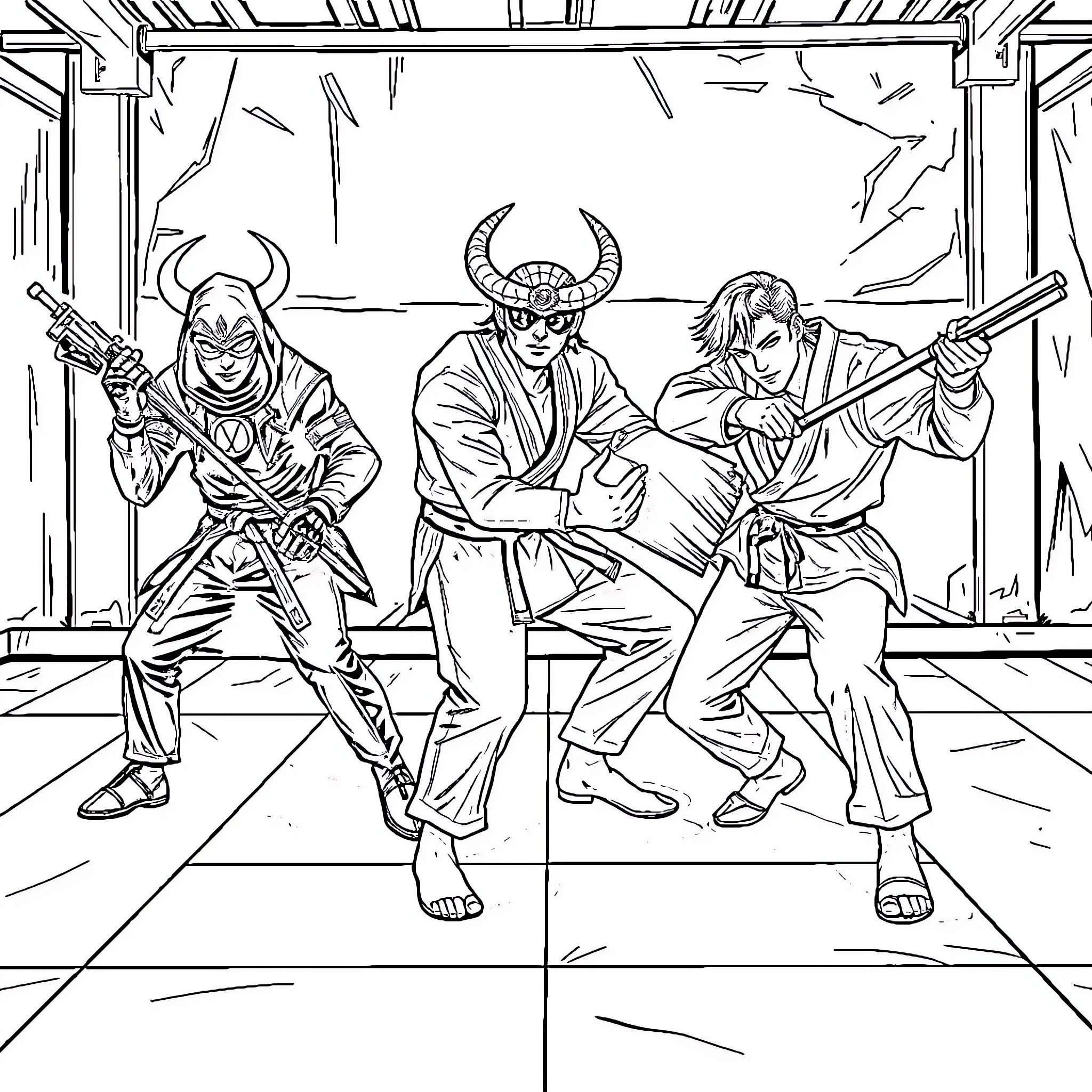 Demon Hunters Engage in Intense Combat Coloring Page (free black-and-white line drawing printable PDF for all, from beginners to advanced learners, including children, teens, adults, and seniors)