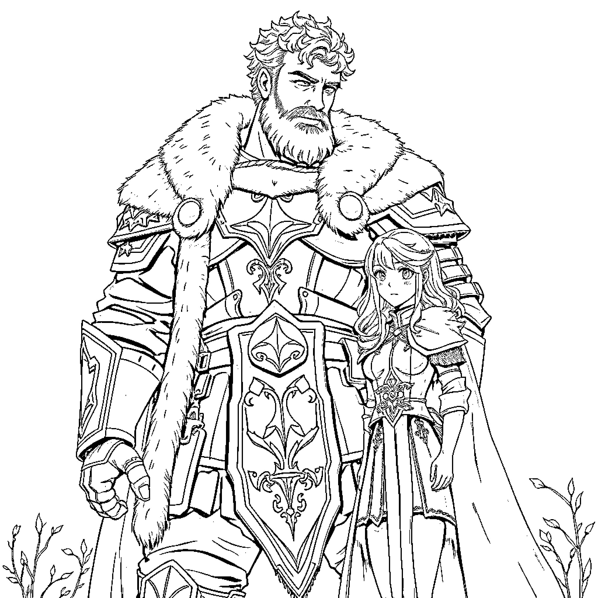Warrior King and Princess in Ornate Regalia Coloring Page (free black-and-white line drawing printable PDF for all, from beginners to advanced learners, including children, teens, adults, and seniors)