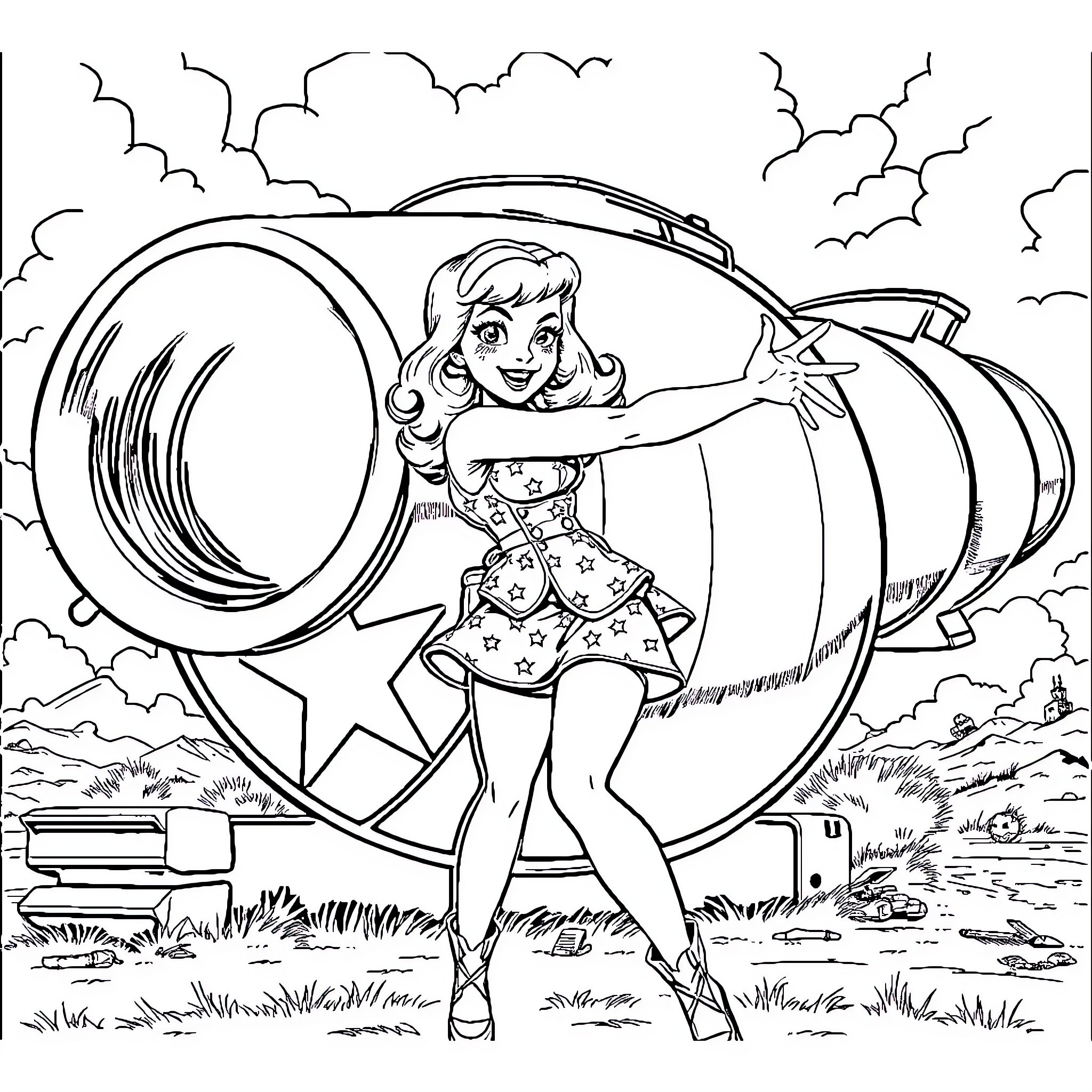 Pinup Girl Exploring Cosmic Wonders Coloring Page (free black-and-white line drawing printable PDF for all, from beginners to advanced learners, including children, teens, adults, and seniors)