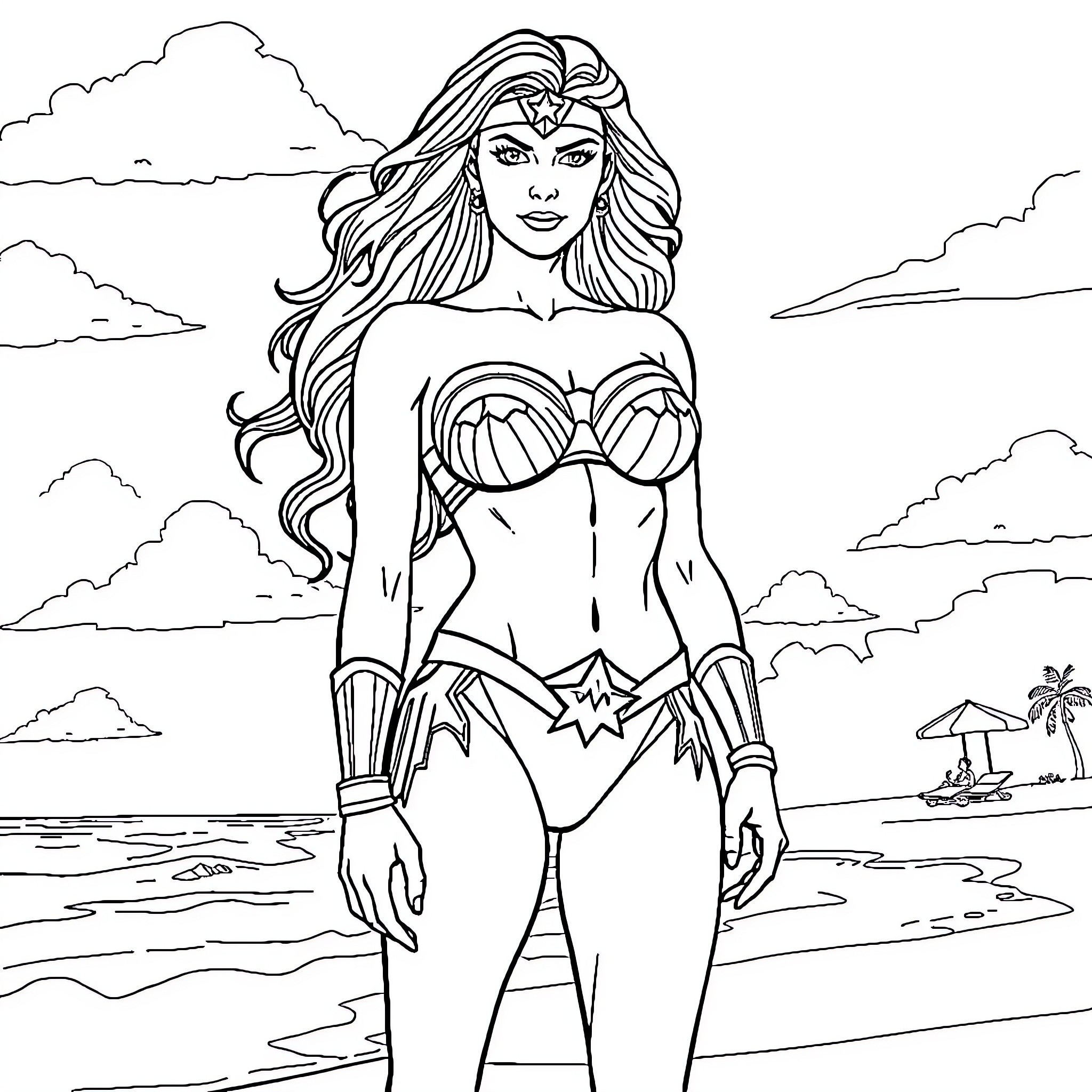 Wonder Woman in Heroic Pose on the Beach Coloring Page (free black-and-white line drawing printable PDF for all, from beginners to advanced learners, including children, teens, adults, and seniors)