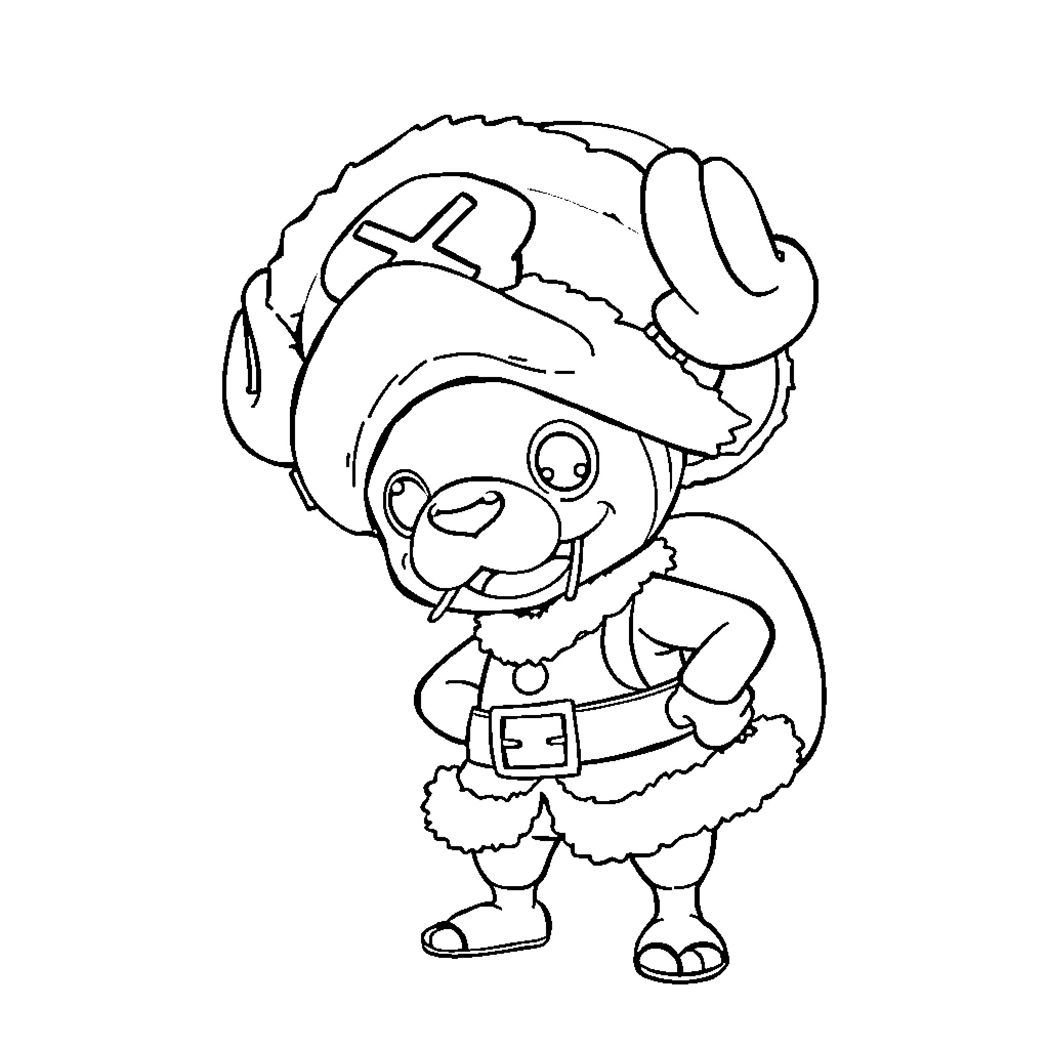 Chopper cheerfully waving in pirate outfit Coloring Page (free black-and-white line drawing printable PDF for all, from beginners to advanced learners, including children, teens, adults, and seniors)