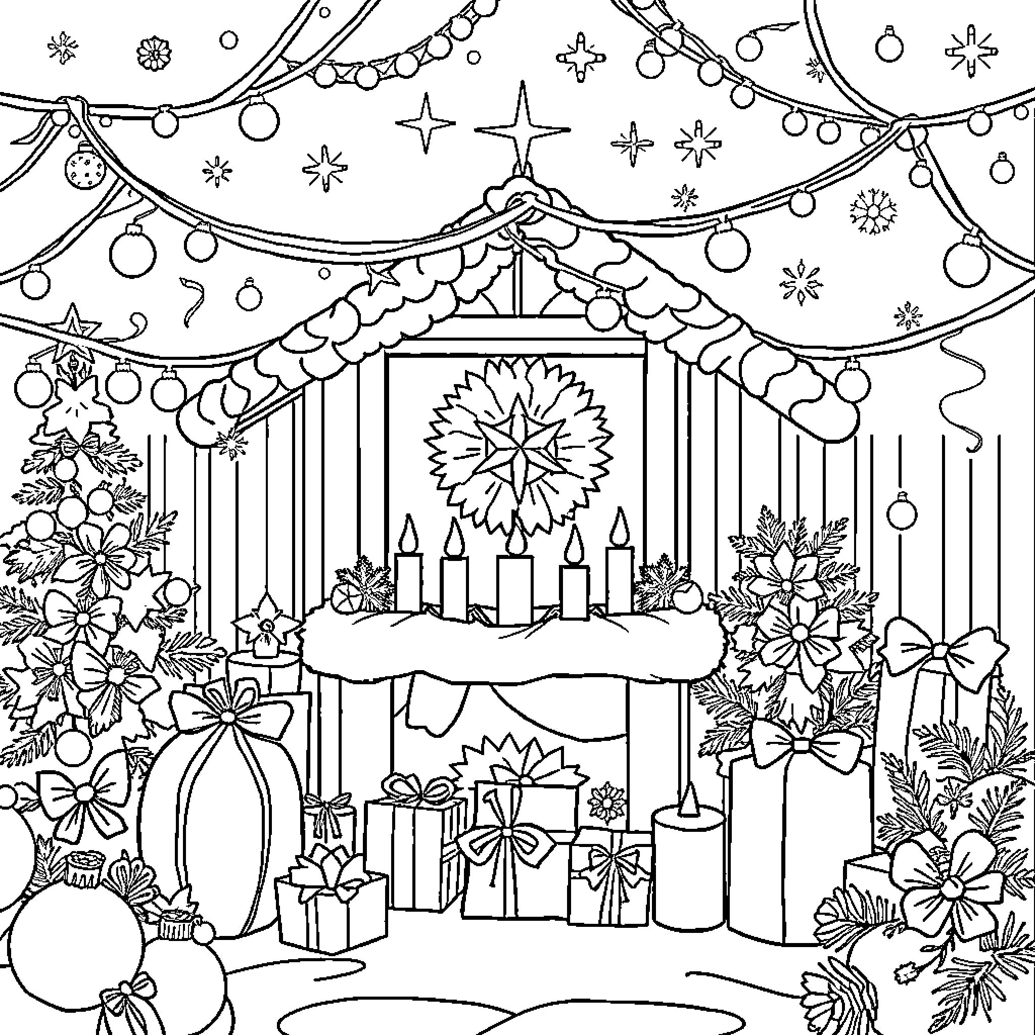 Noel's Festive Winter Wonderland Coloring Page (free black-and-white line drawing printable PDF for all, from beginners to advanced learners, including children, teens, adults, and seniors)