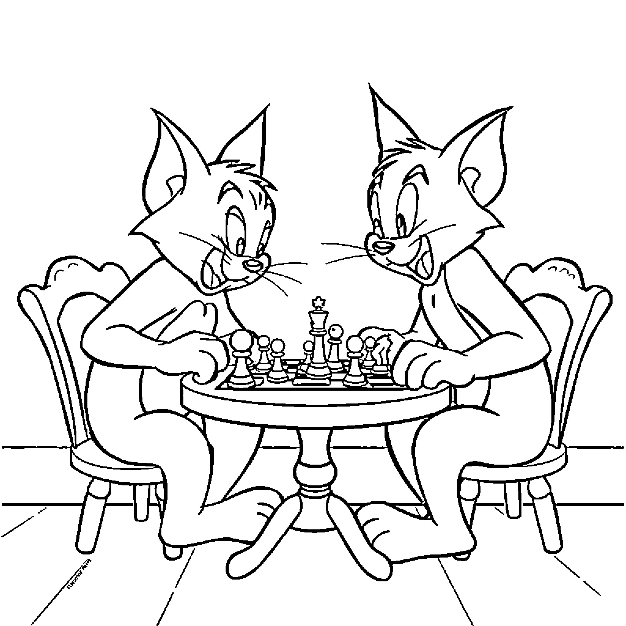 Tom and Jerry playing chess in the living room Coloring Page (free black-and-white line drawing printable PDF for all, from beginners to advanced learners, including children, teens, adults, and seniors)