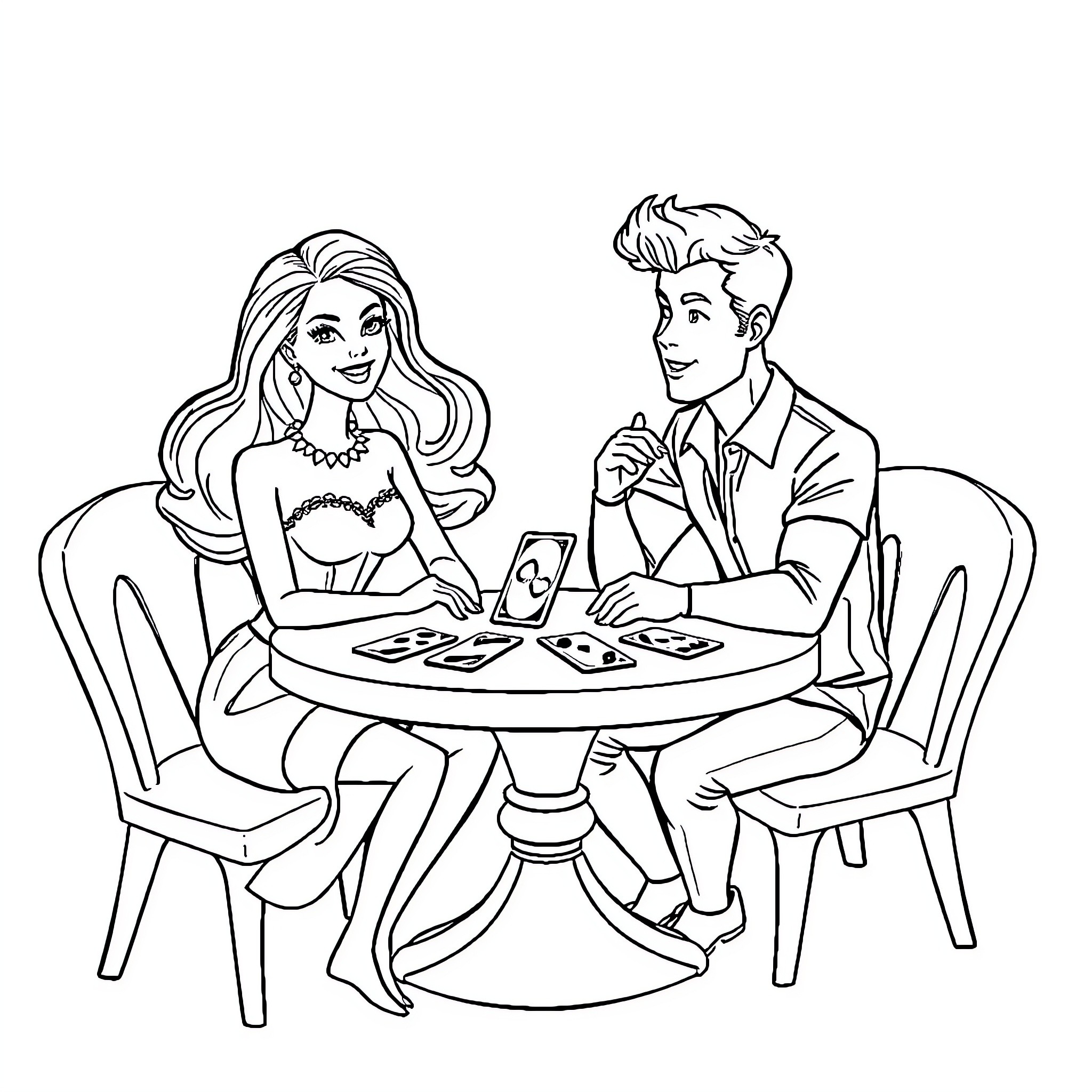 Barbie and her date playing cards at the table Coloring Page (free black-and-white line drawing printable PDF for all, from beginners to advanced learners, including children, teens, adults, and seniors)