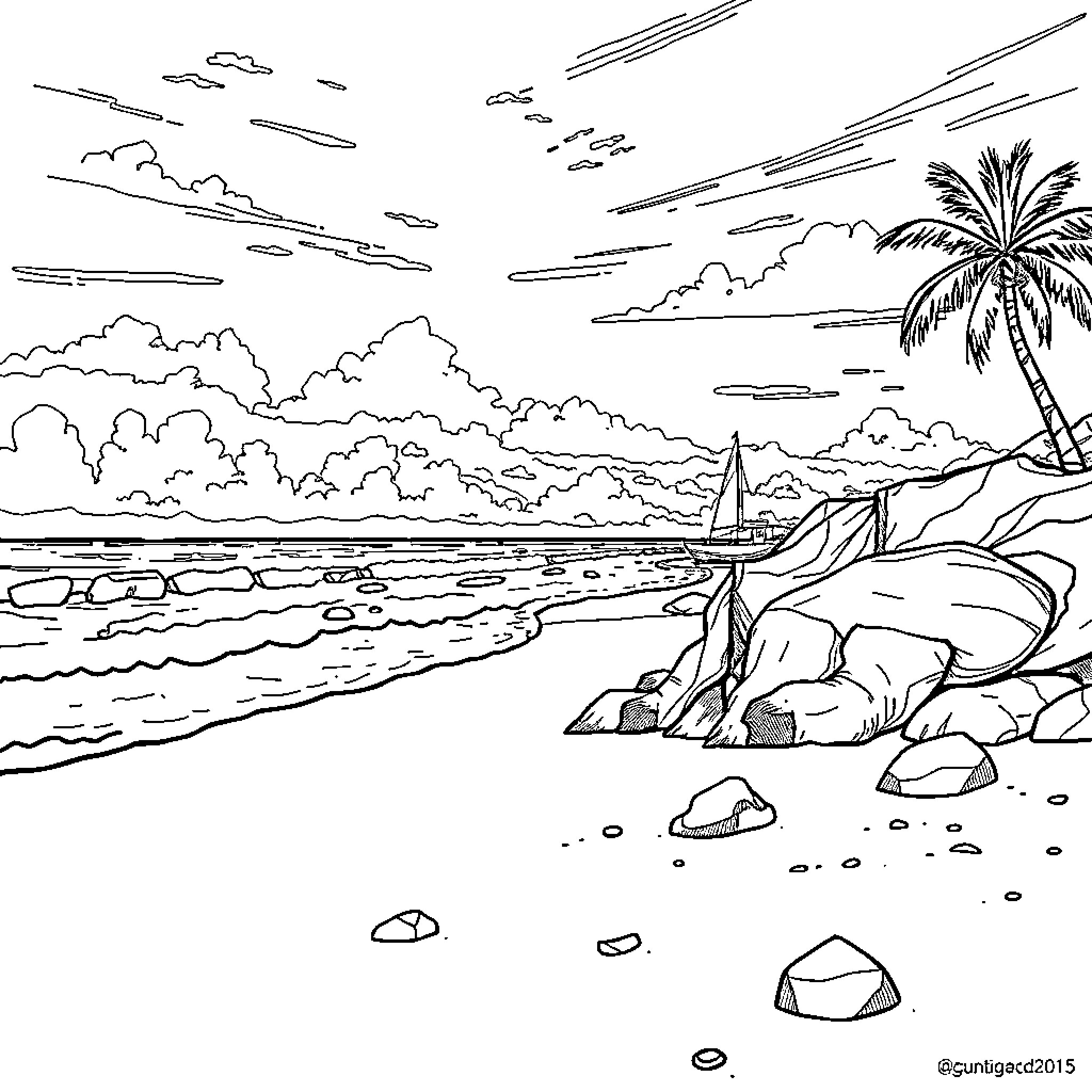 Beach scene with palm trees and sailboat Coloring Page (free black-and-white line drawing printable PDF for all, from beginners to advanced learners, including children, teens, adults, and seniors)