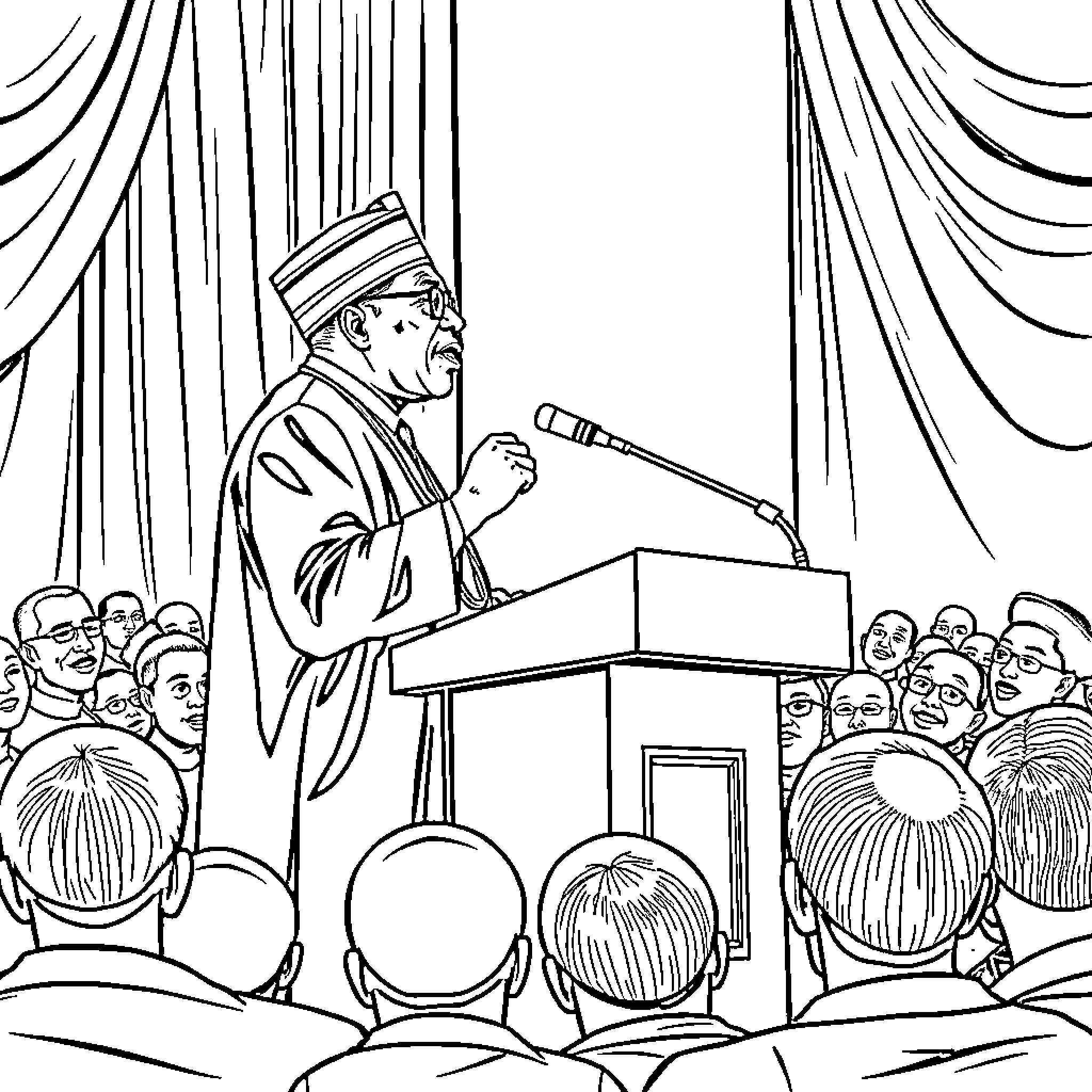 President Delivering Speech to Audience on Stage Coloring Page (free black-and-white line drawing printable PDF for all, from beginners to advanced learners, including children, teens, adults, and seniors)