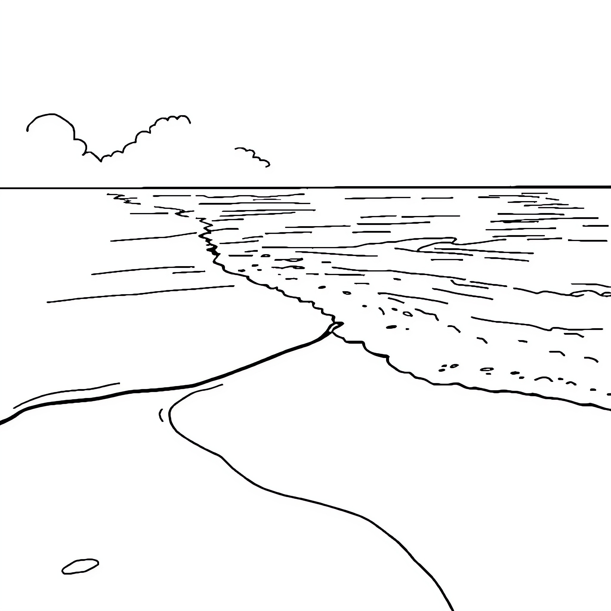Beach scenery with waves and clouds Coloring Page (free black-and-white line drawing printable PDF for all, from beginners to advanced learners, including children, teens, adults, and seniors)