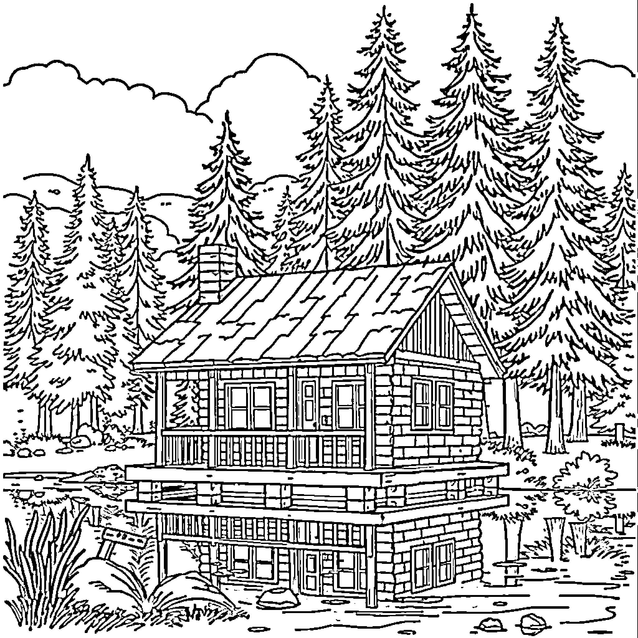 Cabin in the Serene Forest Landscape Coloring Page (free black-and-white line drawing printable PDF for all, from beginners to advanced learners, including children, teens, adults, and seniors)