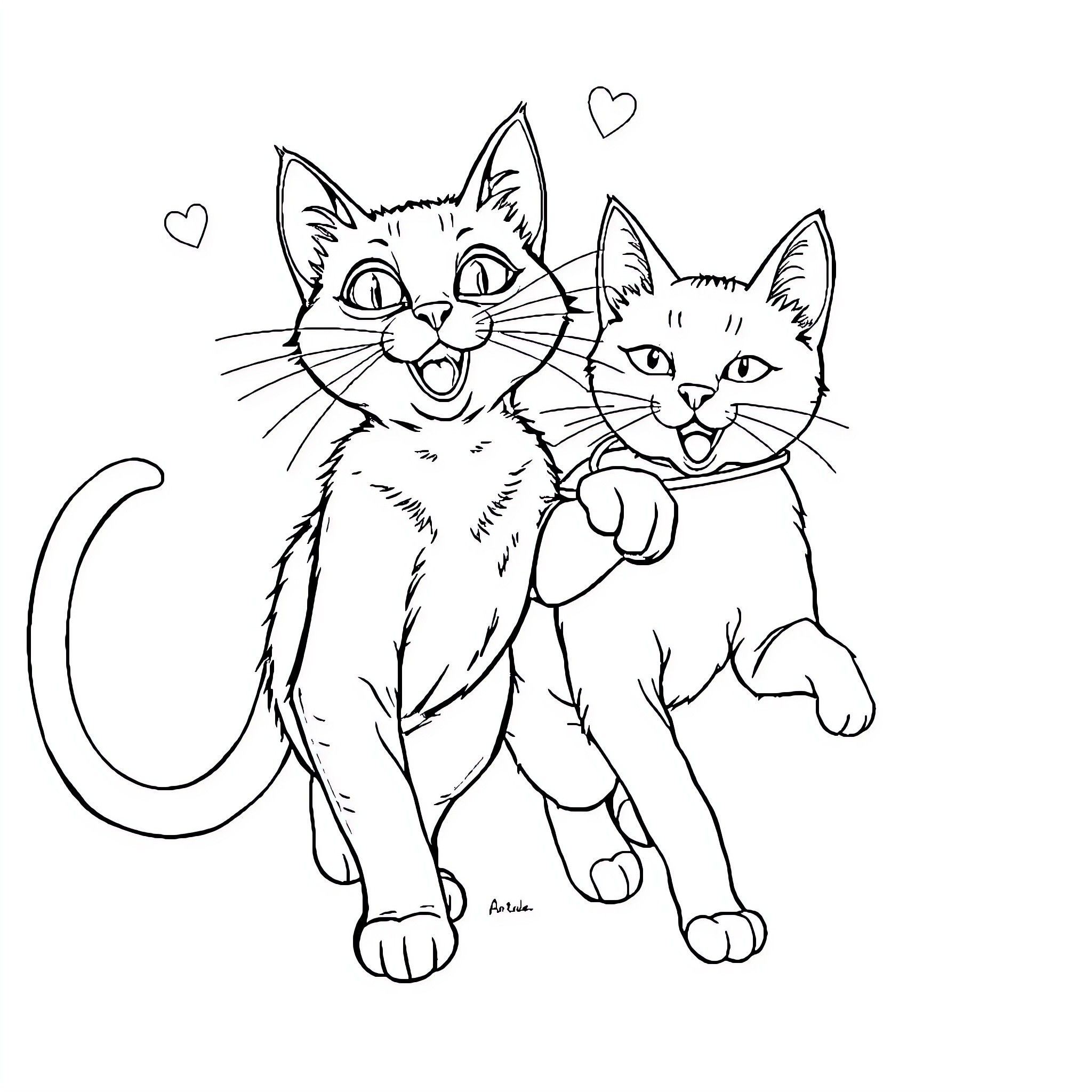 Cats sharing affectionate moment Coloring Page (free black-and-white line drawing printable PDF for all, from beginners to advanced learners, including children, teens, adults, and seniors)