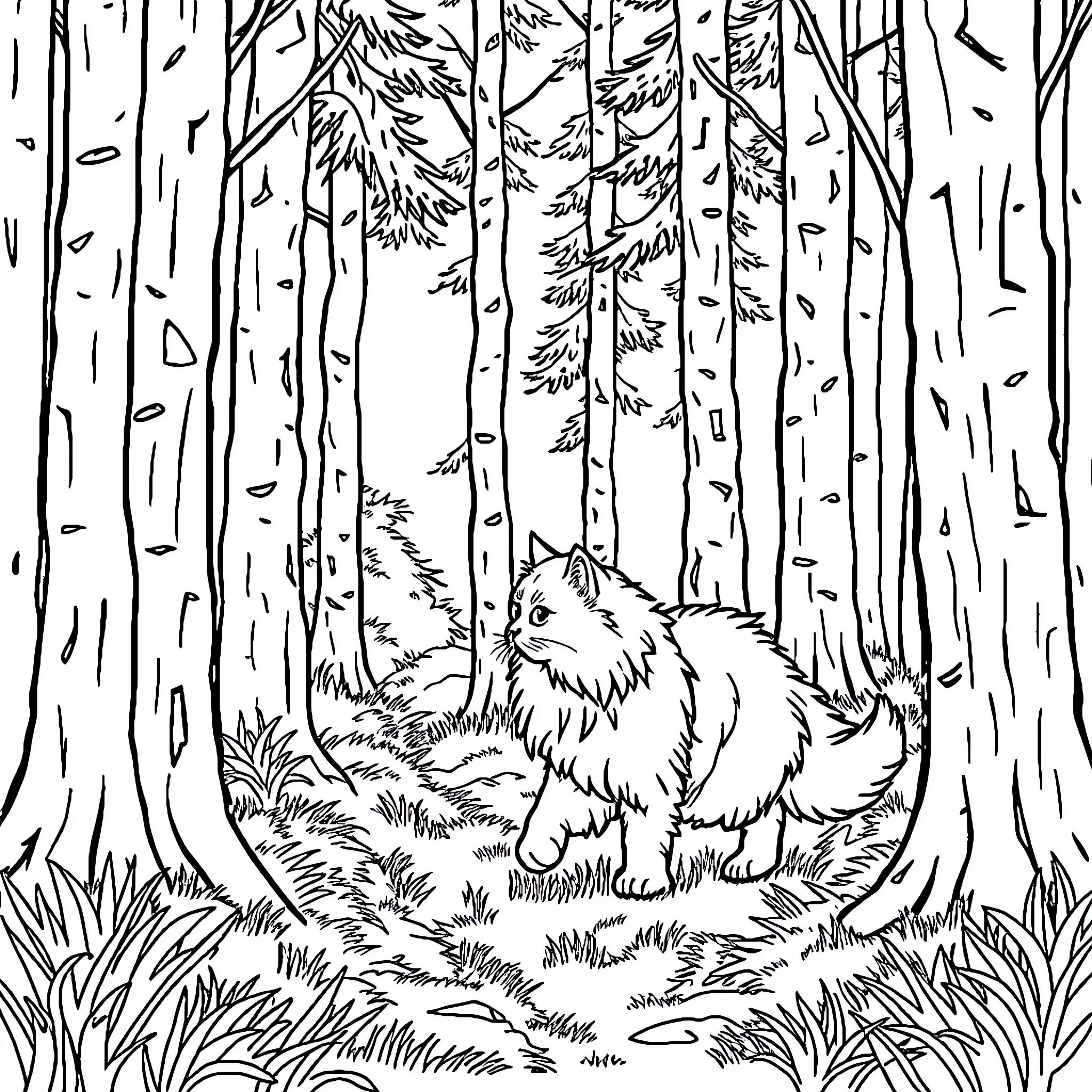 Cat in a Serene Forest Coloring Page (free black-and-white line drawing printable PDF for all, from beginners to advanced learners, including children, teens, adults, and seniors)