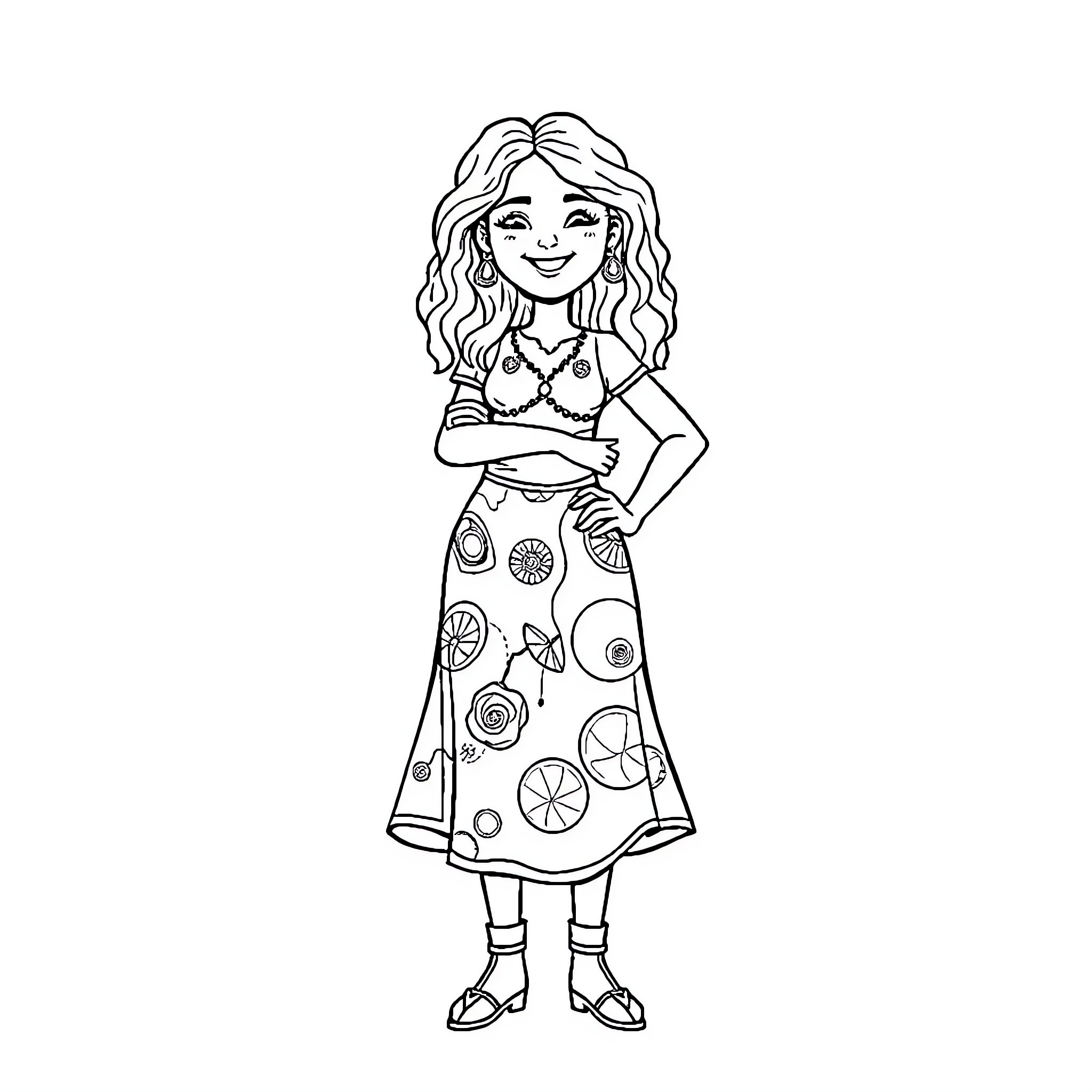 Paz in a Cheerful Outfit with Stylish Accessories Coloring Page (free black-and-white line drawing printable PDF for all, from beginners to advanced learners, including children, teens, adults, and seniors)