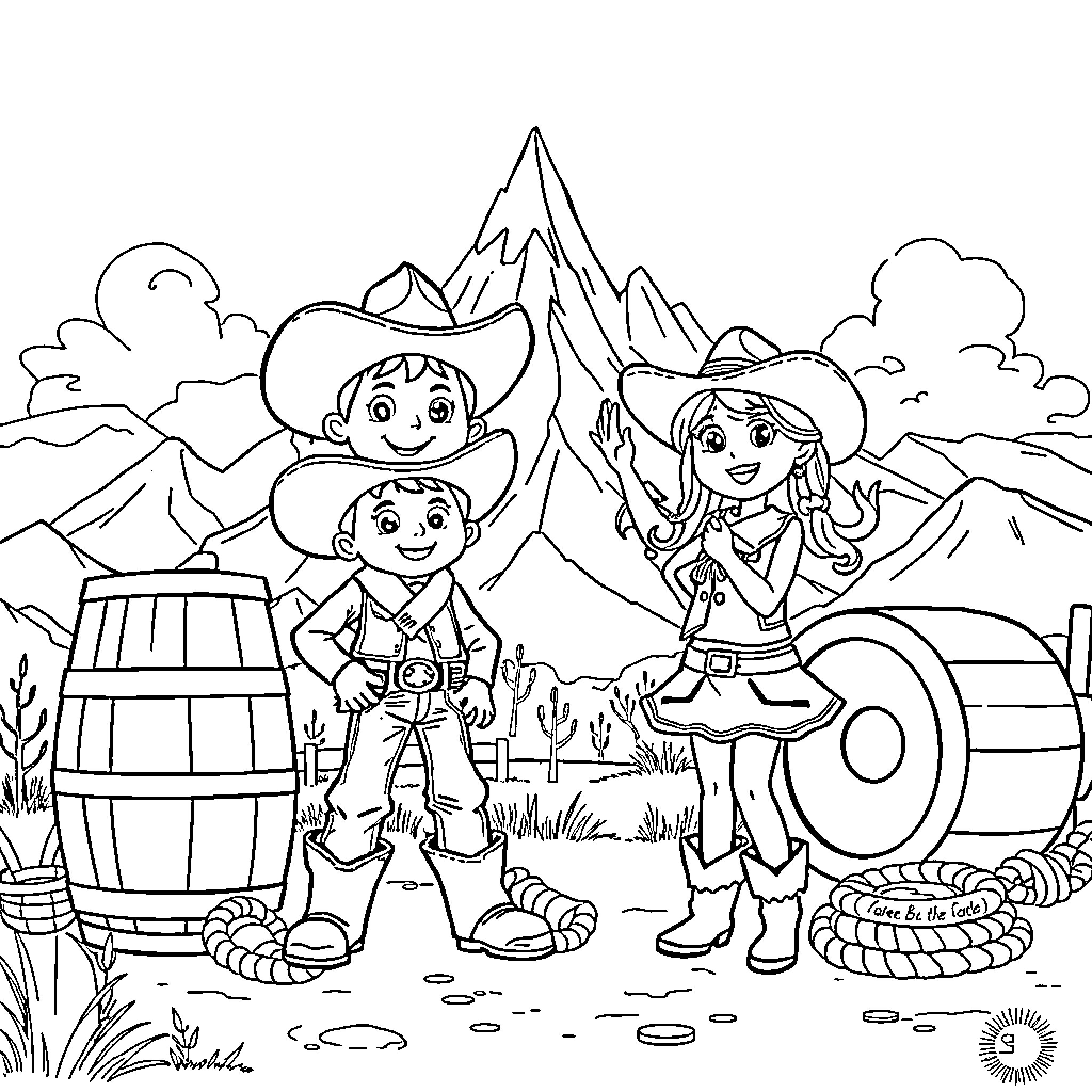 Cowboy Kids Exploring the Wild West Landscape Coloring Page (free black-and-white line drawing printable PDF for all, from beginners to advanced learners, including children, teens, adults, and seniors)