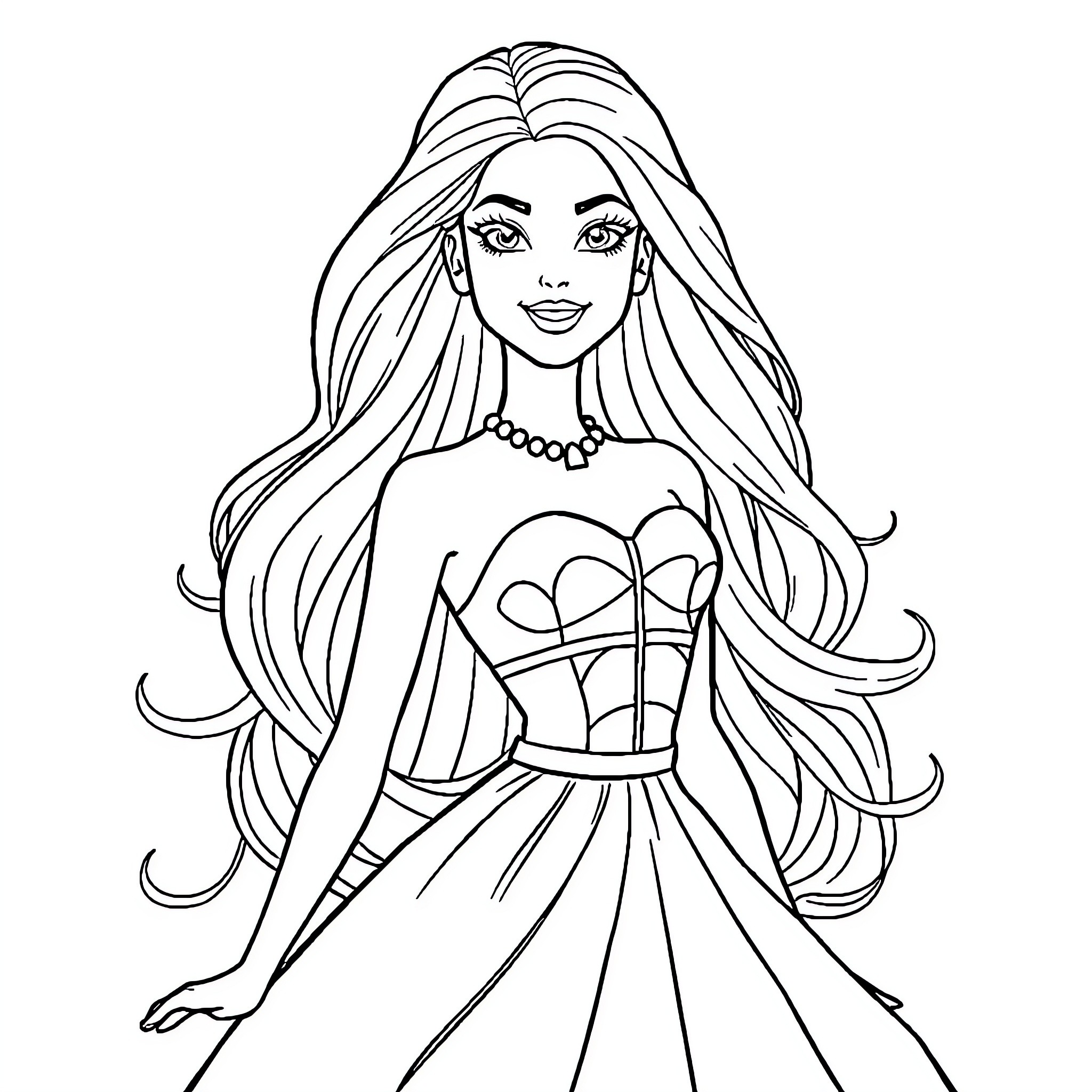 Barbie in elegant evening gown with flowing hair Coloring Page (free black-and-white line drawing printable PDF for all, from beginners to advanced learners, including children, teens, adults, and seniors)