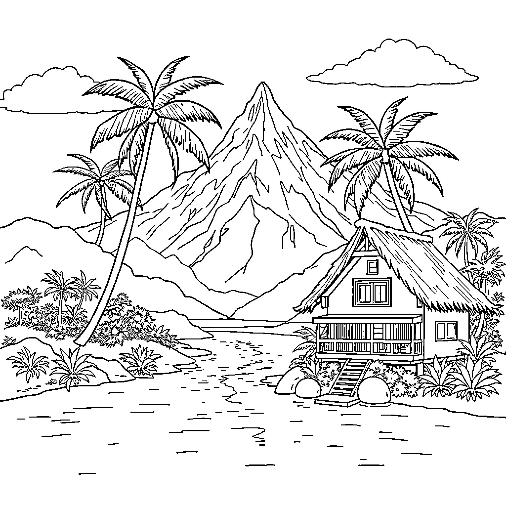 House nestled among tropical palms and mountains Coloring Page (free black-and-white line drawing printable PDF for all, from beginners to advanced learners, including children, teens, adults, and seniors)
