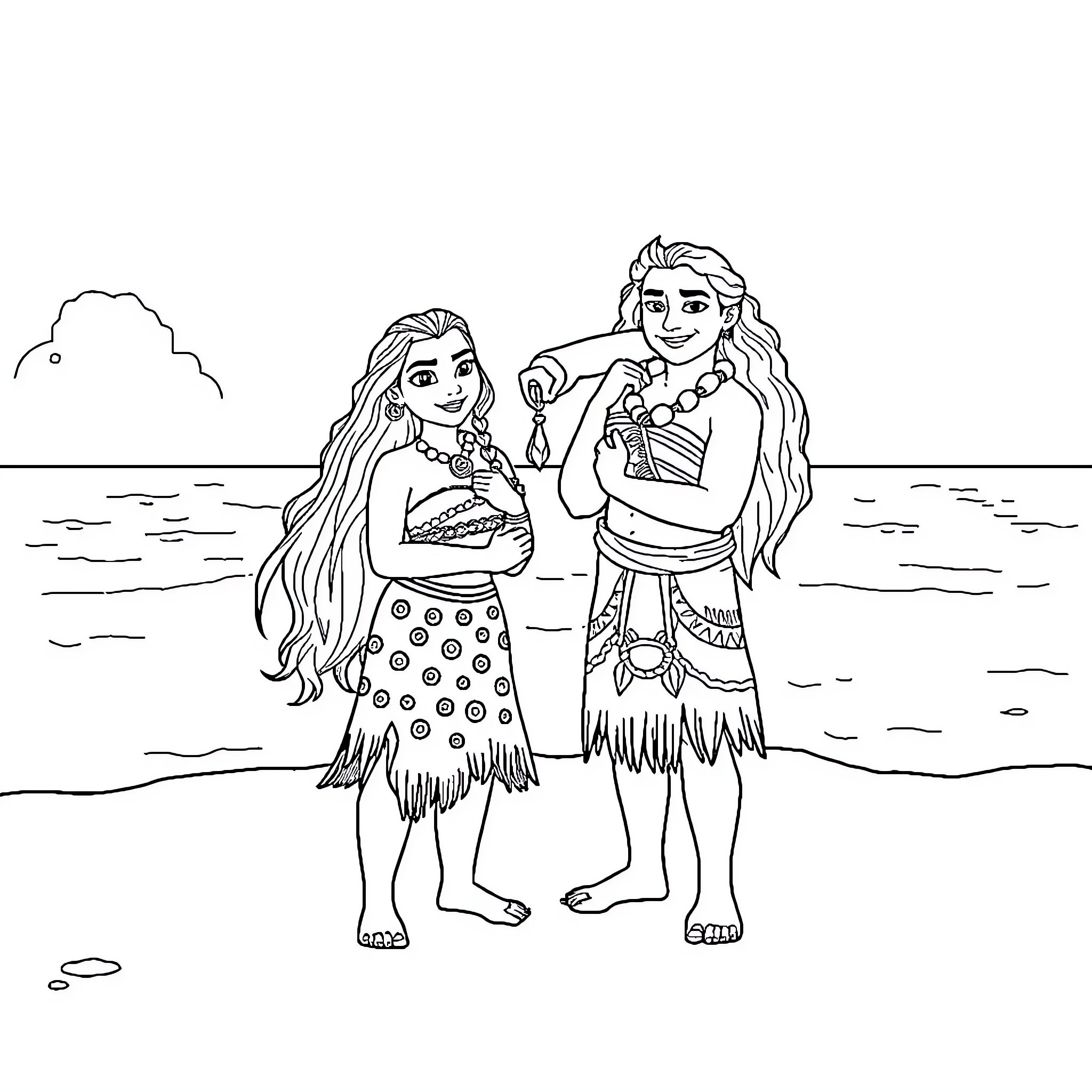 Moana and Maui enjoying the ocean scenery Coloring Page (free black-and-white line drawing printable PDF for all, from beginners to advanced learners, including children, teens, adults, and seniors)