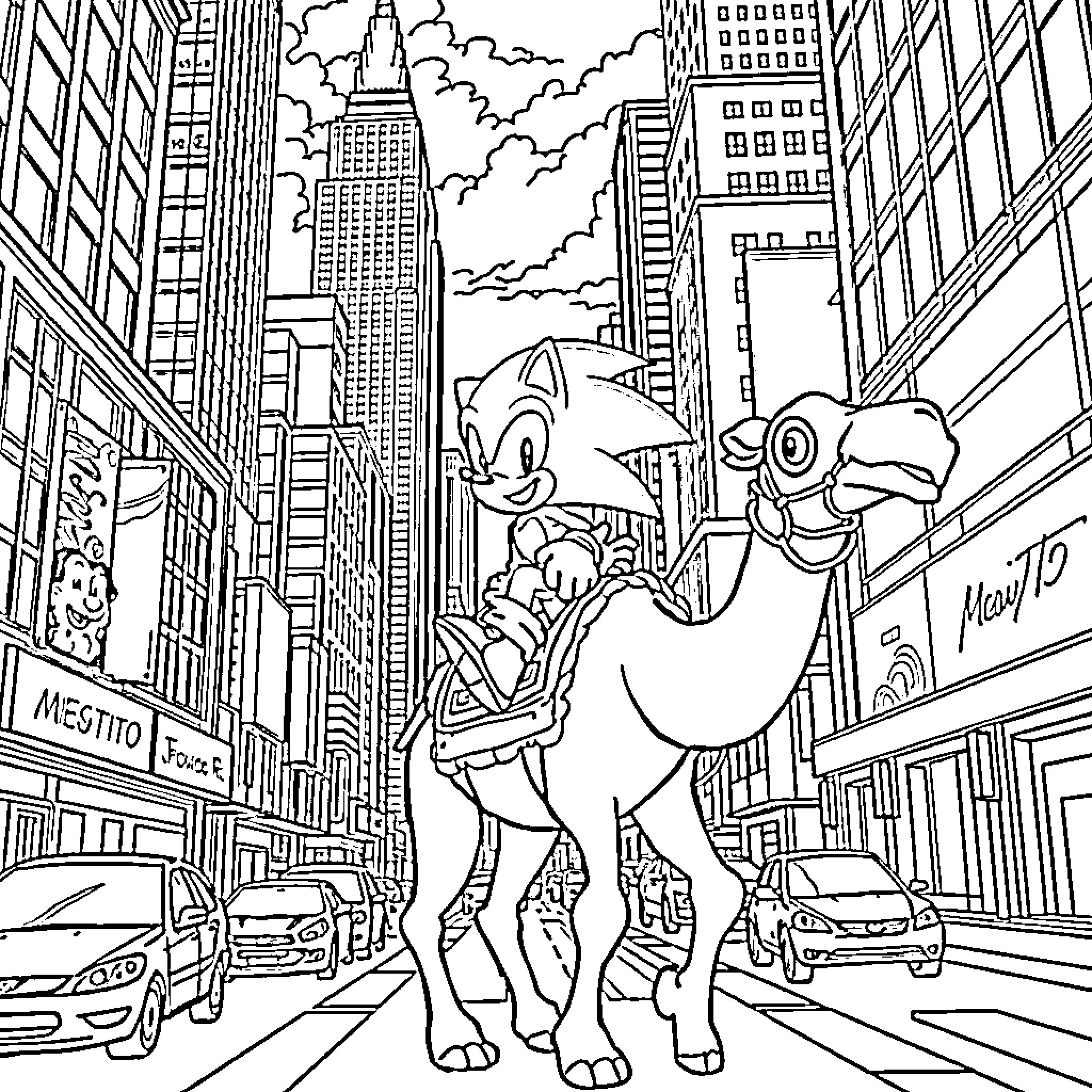Sonic Explores the Vibrant City Landscape Coloring Page (free black-and-white line drawing printable PDF for all, from beginners to advanced learners, including children, teens, adults, and seniors)