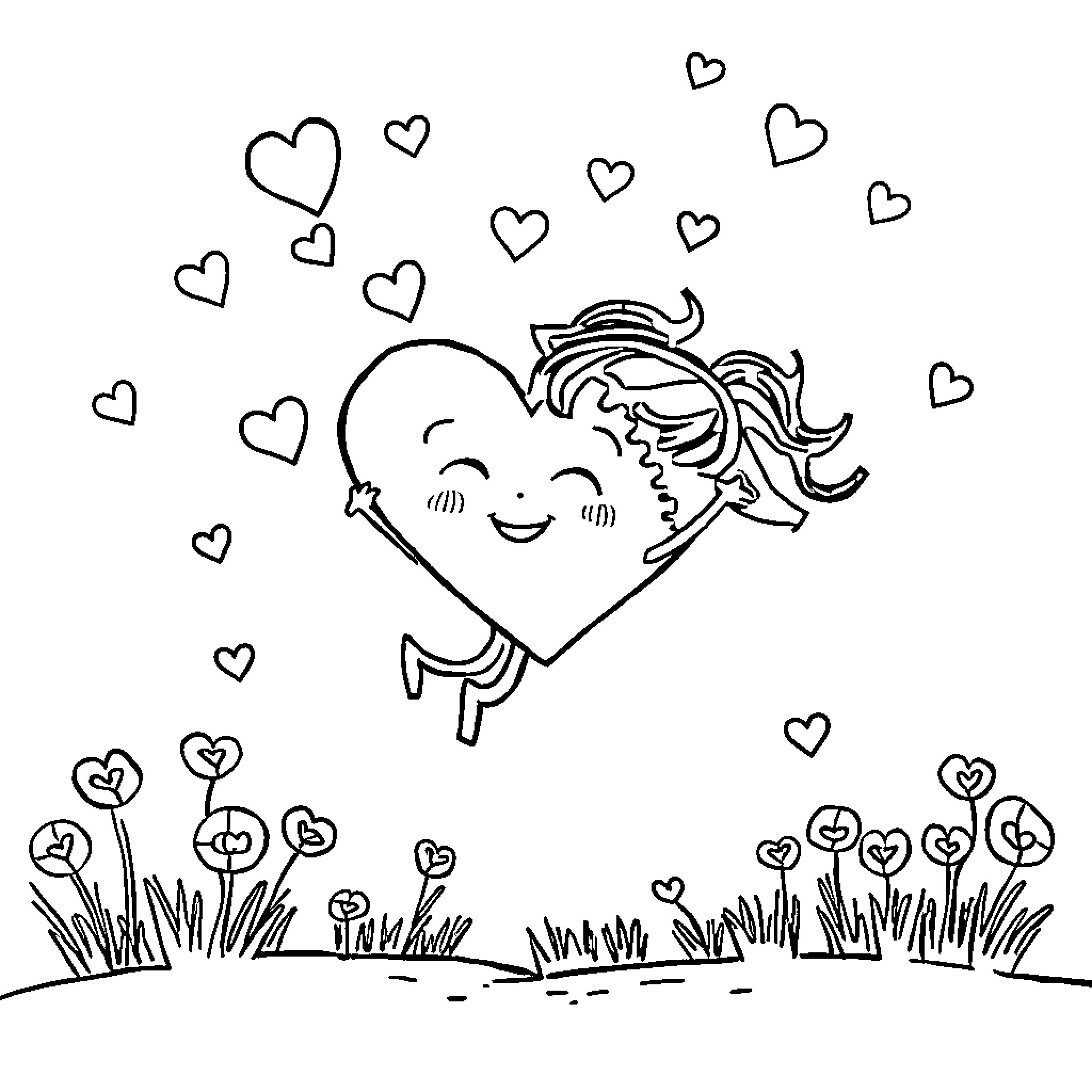 Heart-shaped character joyfully surrounded by hearts Coloring Page (free black-and-white line drawing printable PDF for all, from beginners to advanced learners, including children, teens, adults, and seniors)