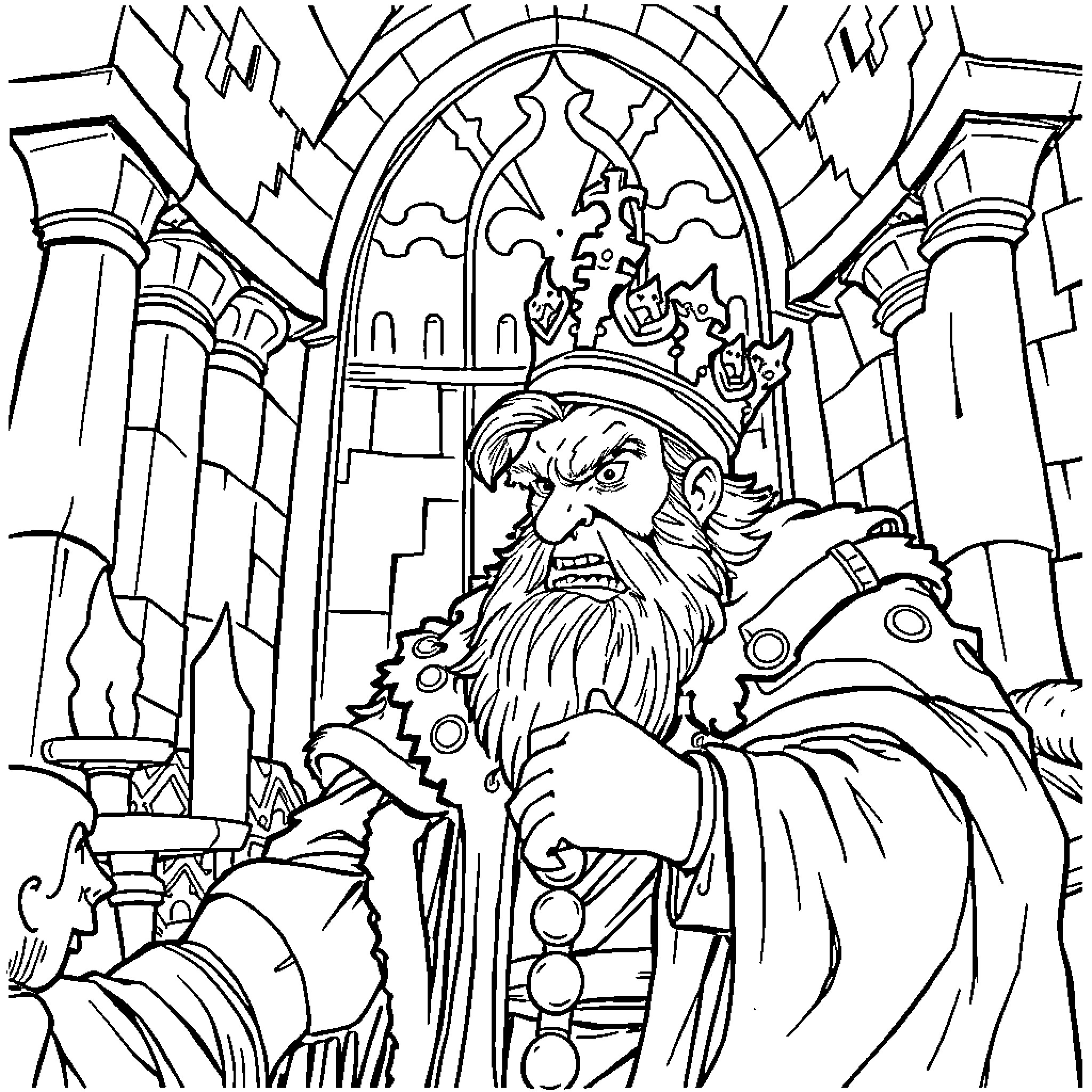 King Ruling with Authority in Majestic Palace Coloring Page (free black-and-white line drawing printable PDF for all, from beginners to advanced learners, including children, teens, adults, and seniors)