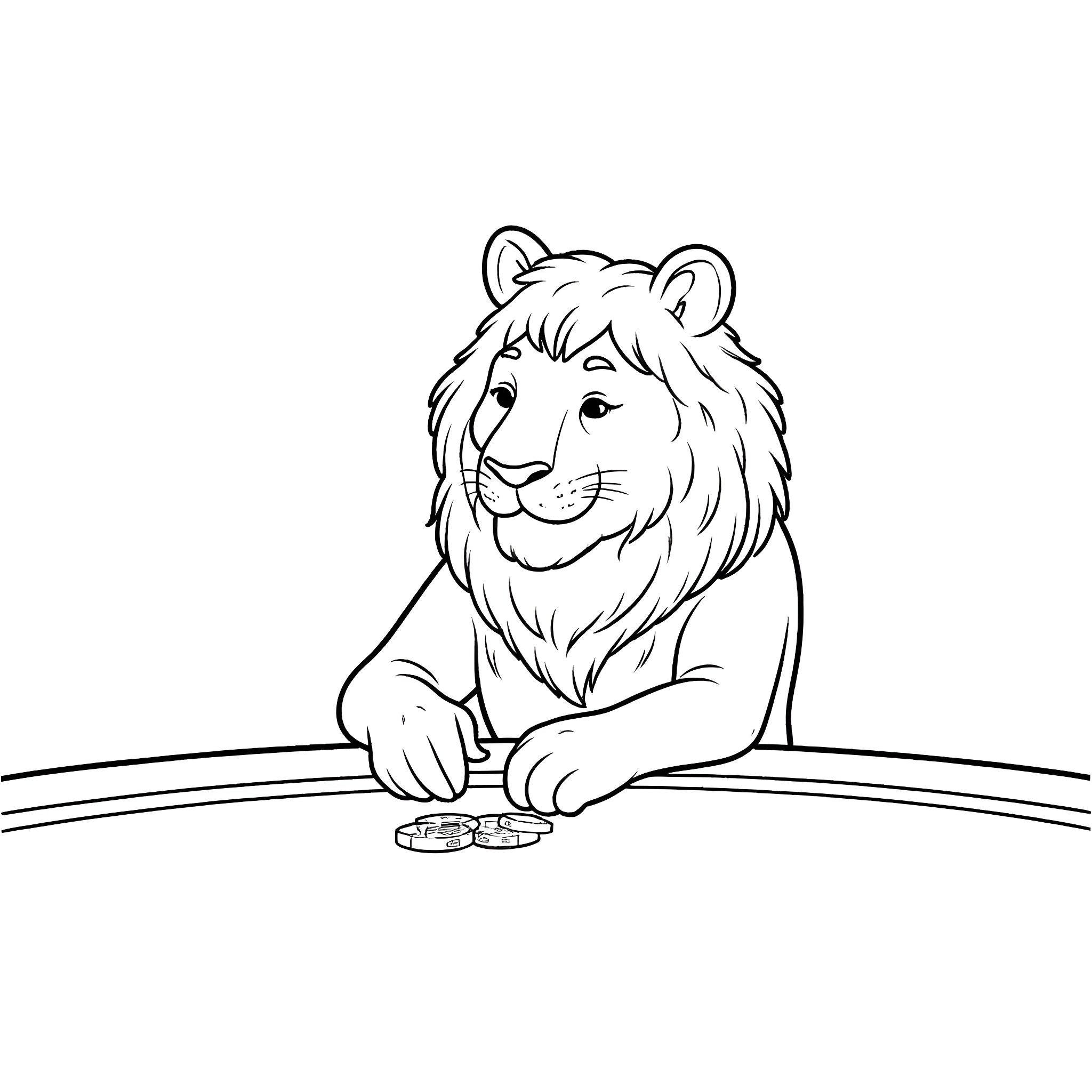 Lion resting on wooden platform Coloring Page (free black-and-white line drawing printable PDF for all, from beginners to advanced learners, including children, teens, adults, and seniors)