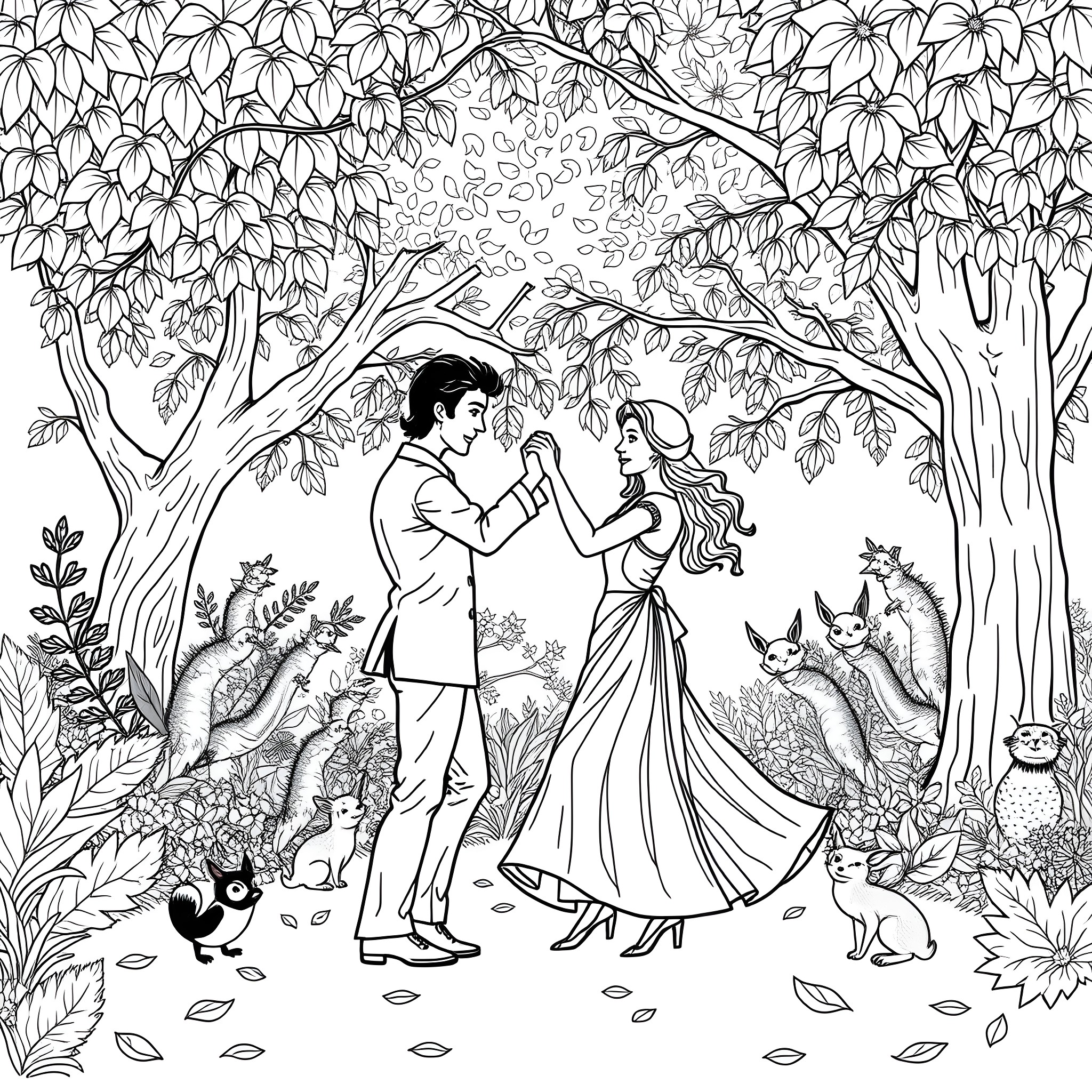 Tarantella of Lovers in Enchanted Forest Embrace Coloring Page (free black-and-white line drawing printable PDF for all, from beginners to advanced learners, including children, teens, adults, and seniors)