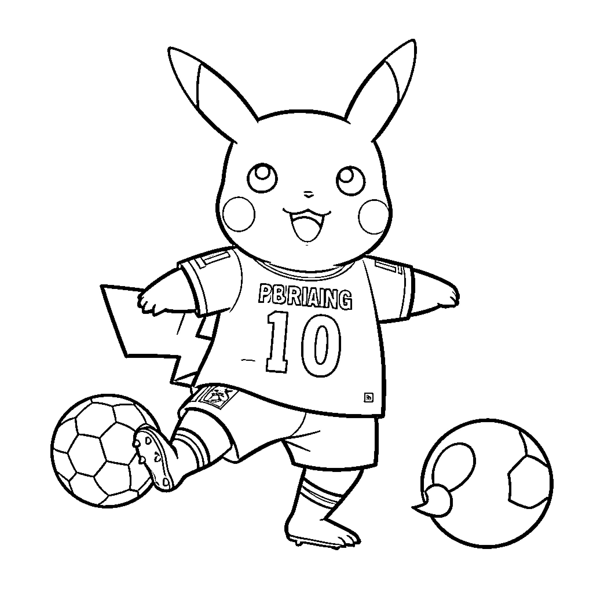 Pikachu playing soccer in a sports jersey Coloring Page (free black-and-white line drawing printable PDF for all, from beginners to advanced learners, including children, teens, adults, and seniors)