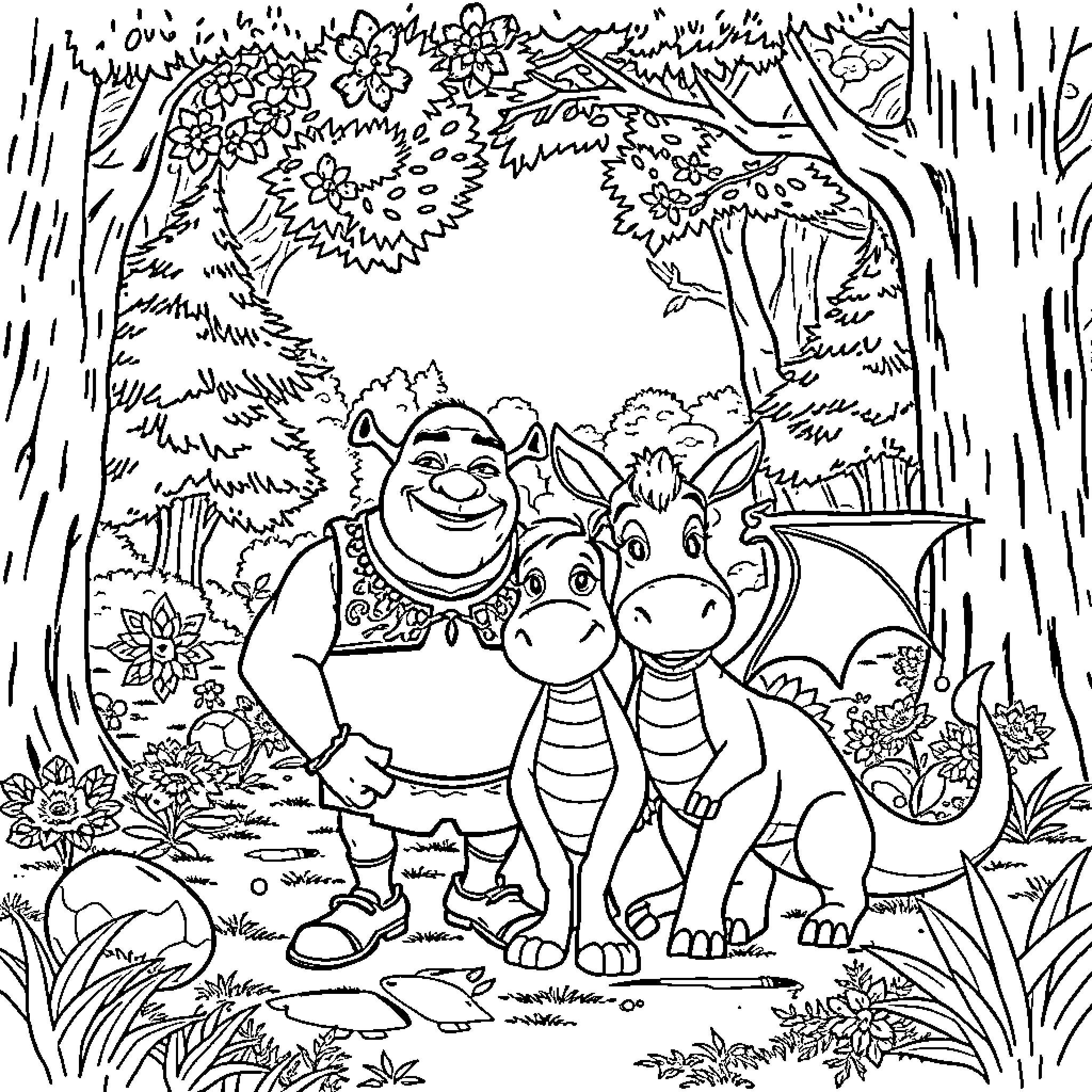 Shrek and his dragon friends in a whimsical forest Coloring Page (free black-and-white line drawing printable PDF for all, from beginners to advanced learners, including children, teens, adults, and seniors)