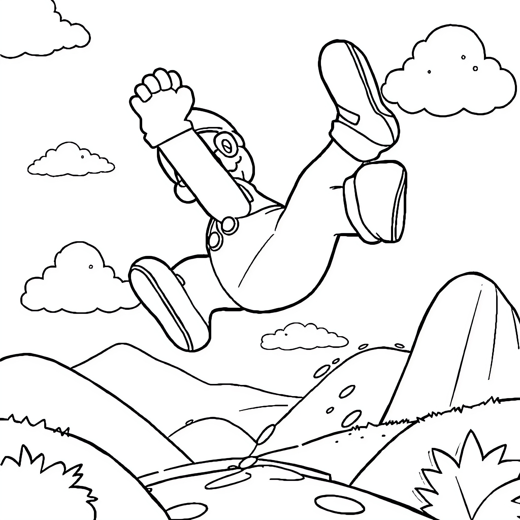 Mario skydiving among clouds in the sky Coloring Page (free black-and-white line drawing printable PDF for all, from beginners to advanced learners, including children, teens, adults, and seniors)