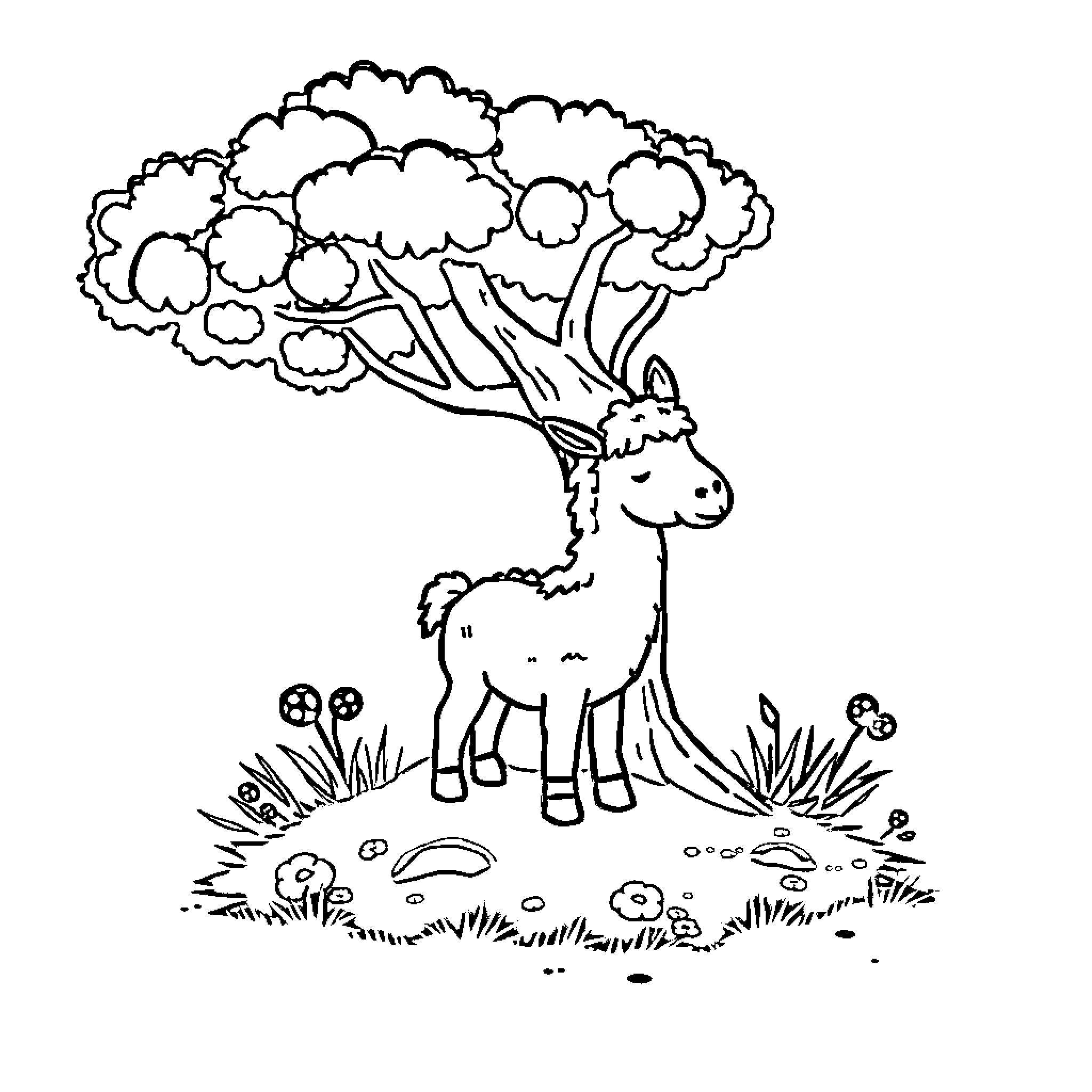 Donkey resting under a tree Coloring Page (free black-and-white line drawing printable PDF for all, from beginners to advanced learners, including children, teens, adults, and seniors)