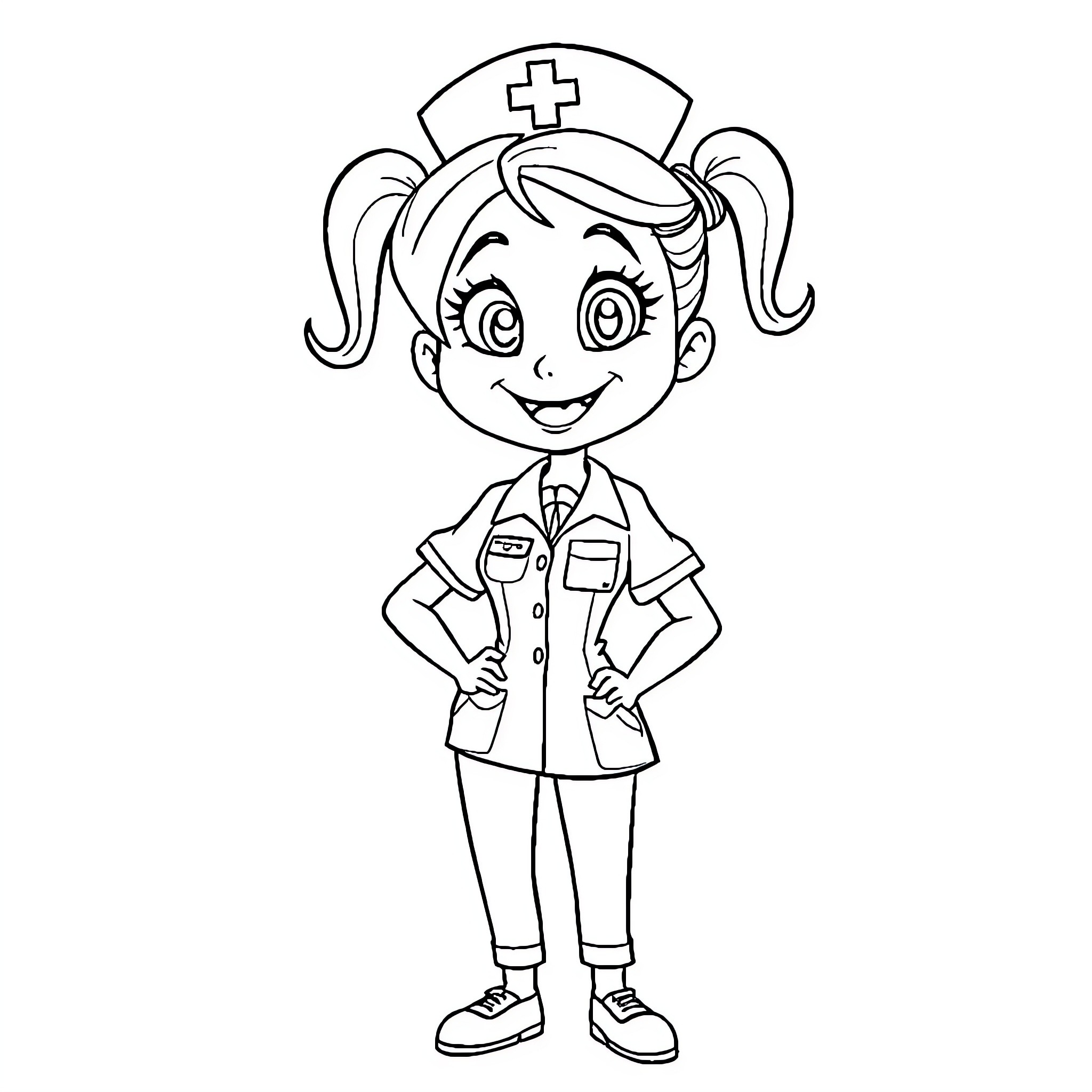 Nurse Caring for Patients with Cheerful Expression Coloring Page (free black-and-white line drawing printable PDF for all, from beginners to advanced learners, including children, teens, adults, and seniors)