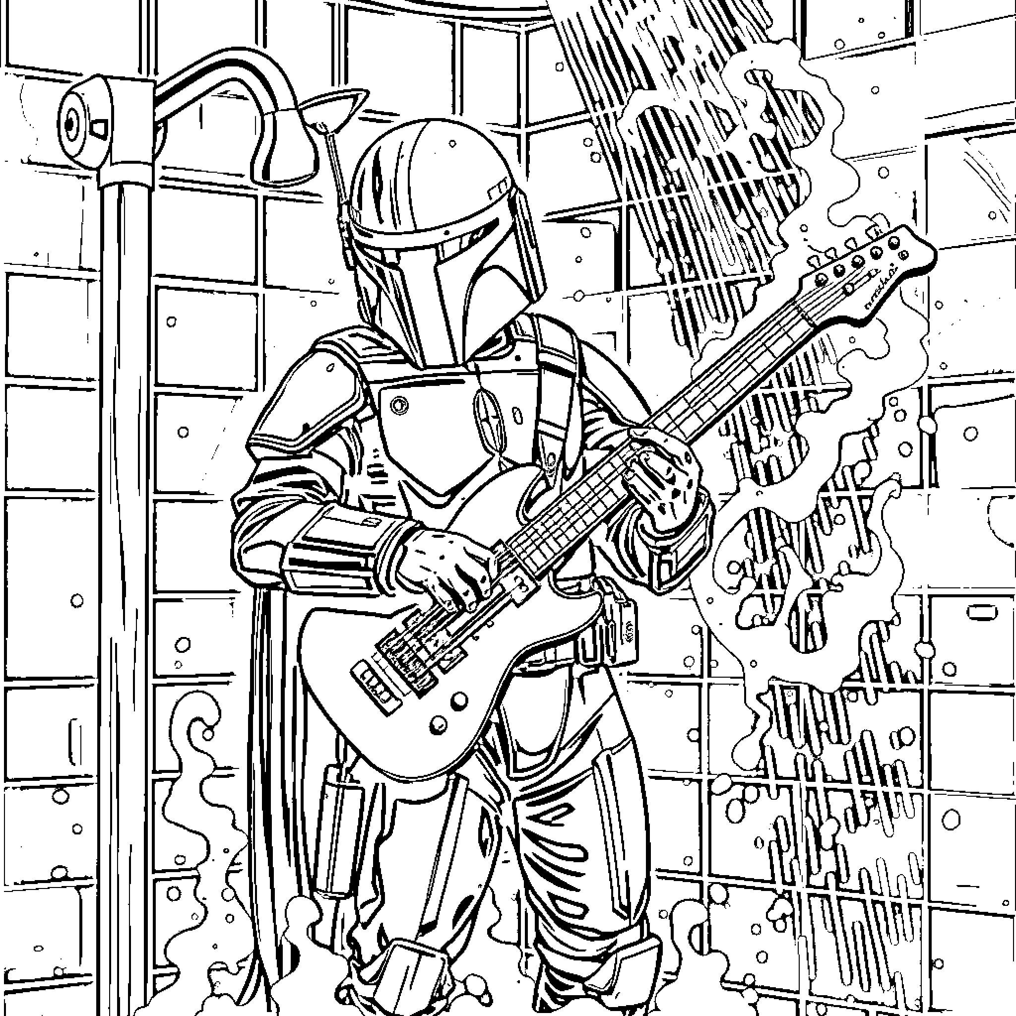Boba Fett Rocks the Galaxy with Guitar Coloring Page (free black-and-white line drawing printable PDF for all, from beginners to advanced learners, including children, teens, adults, and seniors)