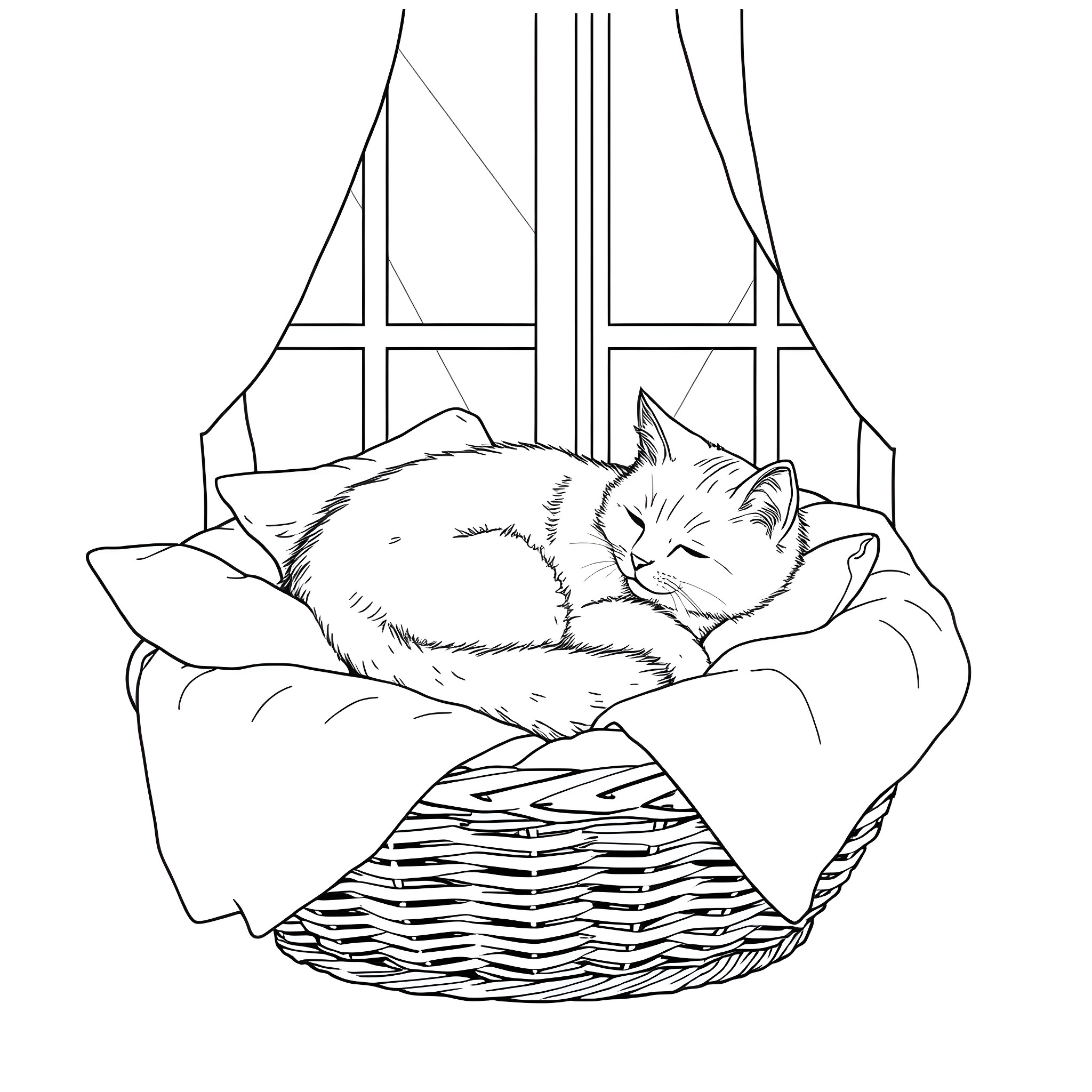 Cat sleeping peacefully in a cozy basket Coloring Page (free black-and-white line drawing printable PDF for all, from beginners to advanced learners, including children, teens, adults, and seniors)