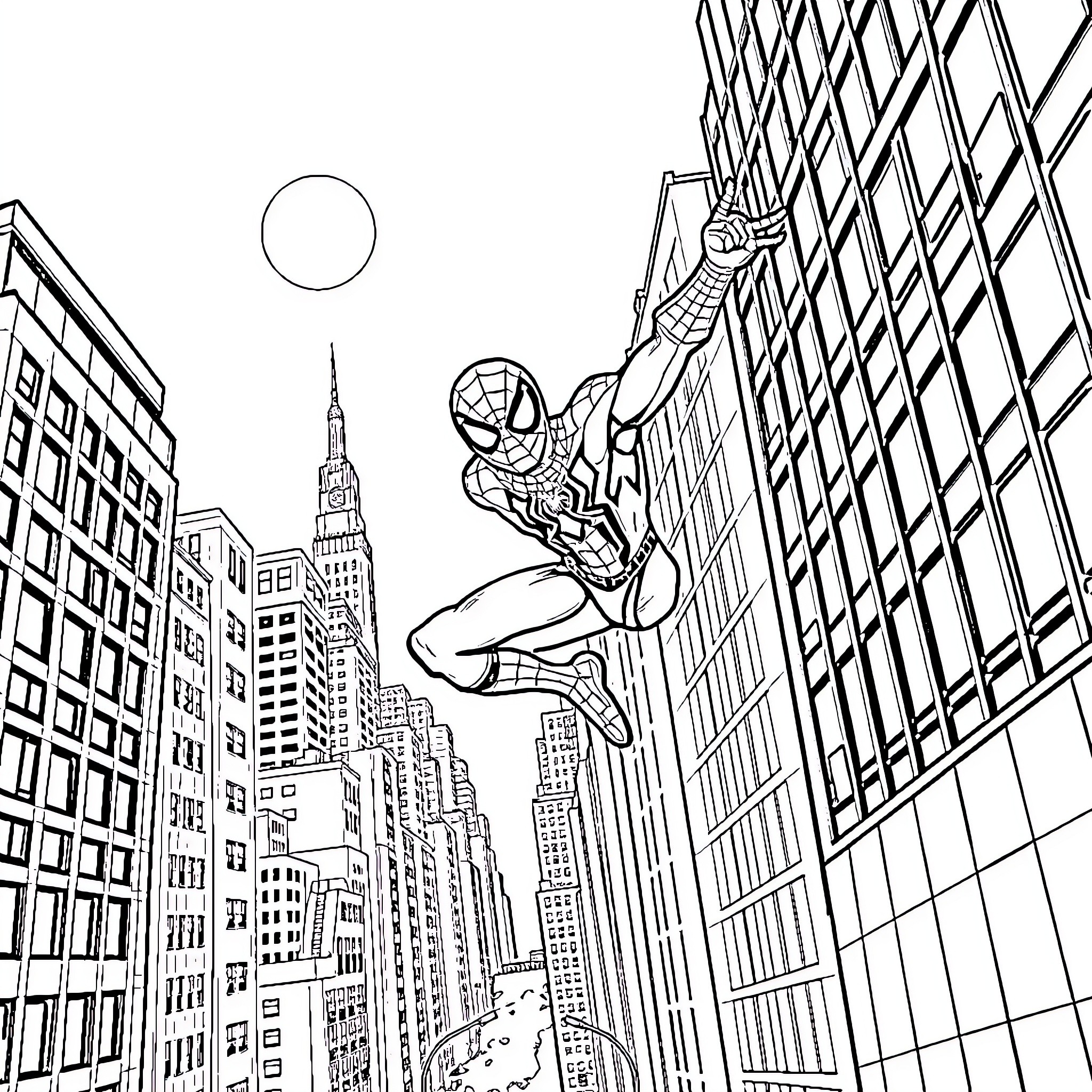 Spider-Man swinging through the city skyline Coloring Page (free black-and-white line drawing printable PDF for all, from beginners to advanced learners, including children, teens, adults, and seniors)