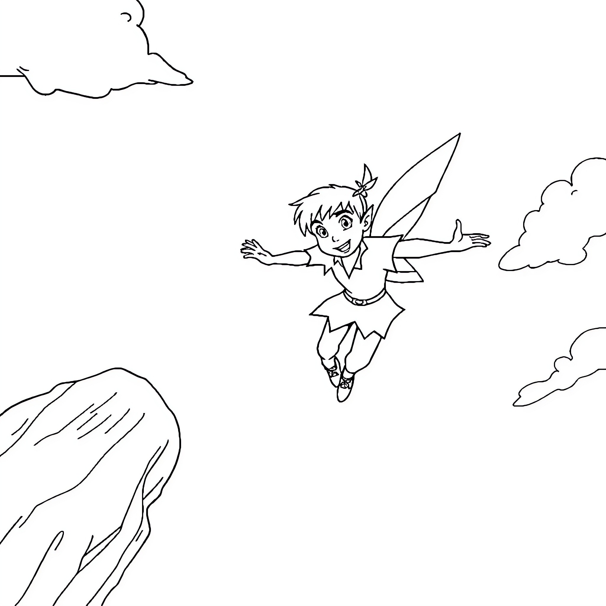 Peter Pan soaring joyfully through the clouds Coloring Page (free black-and-white line drawing printable PDF for all, from beginners to advanced learners, including children, teens, adults, and seniors)