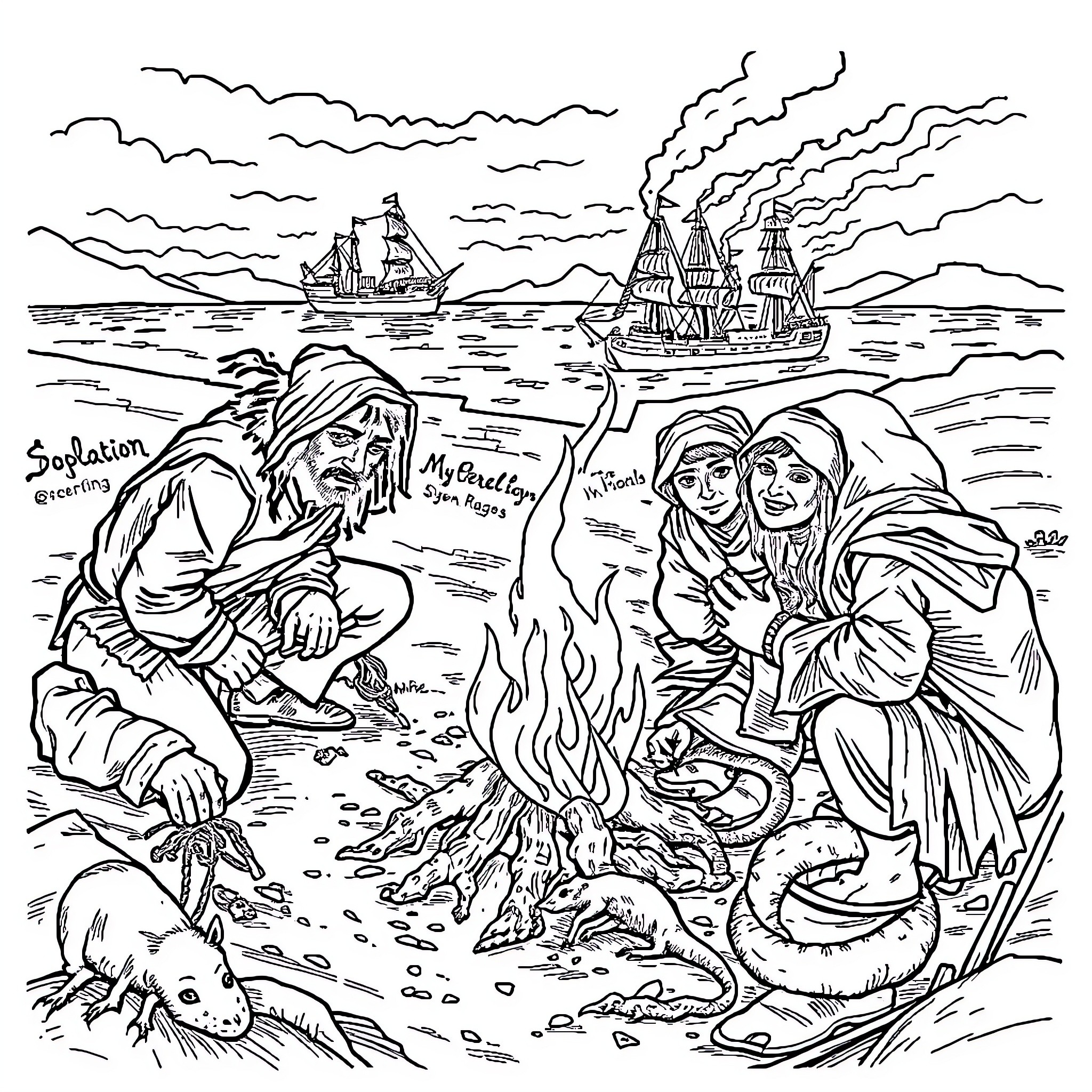 Colonist settlers gathered around campfire on beach Coloring Page (free black-and-white line drawing printable PDF for all, from beginners to advanced learners, including children, teens, adults, and seniors)