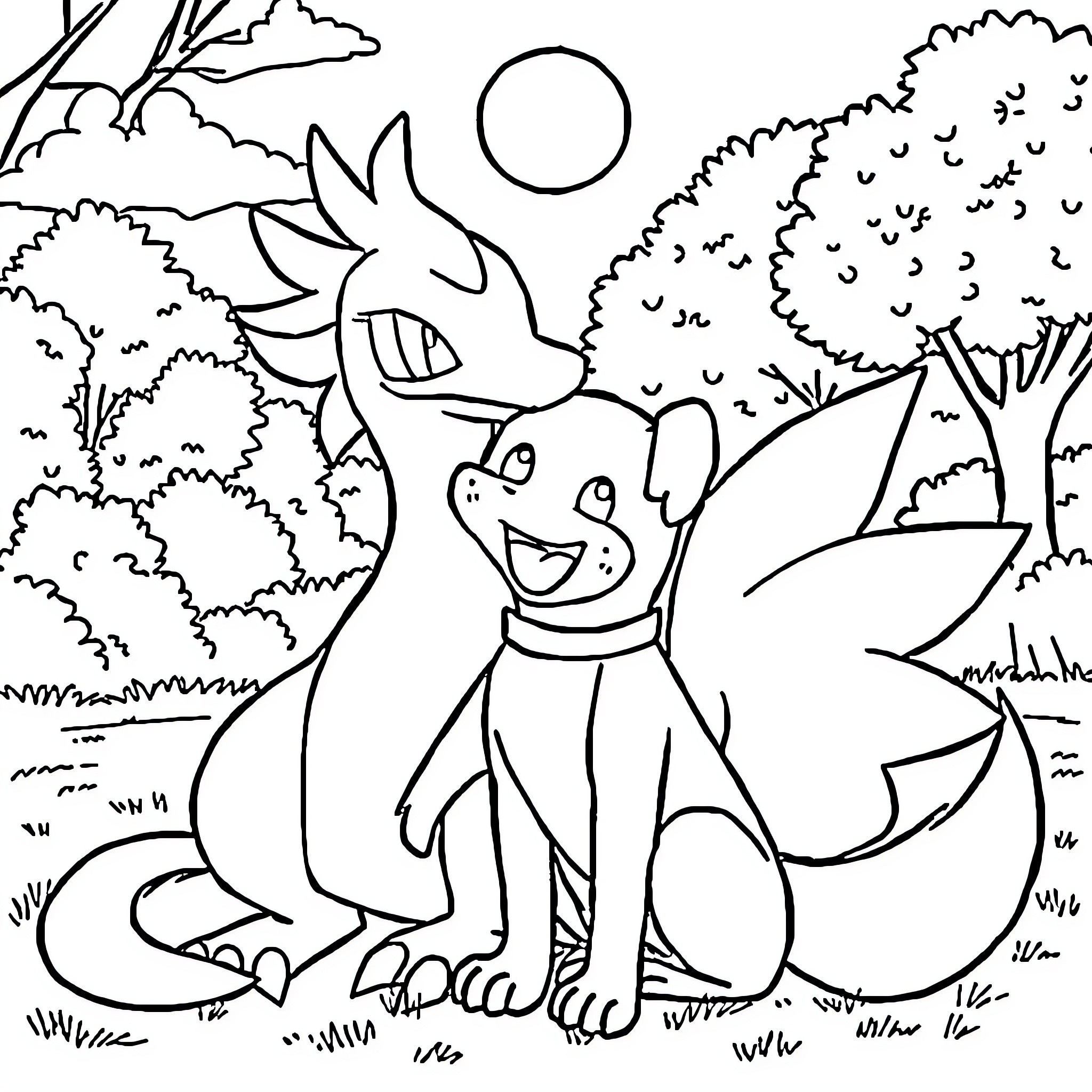 Lugia and Cyndaquil playing in the forest Coloring Page (free black-and-white line drawing printable PDF for all, from beginners to advanced learners, including children, teens, adults, and seniors)