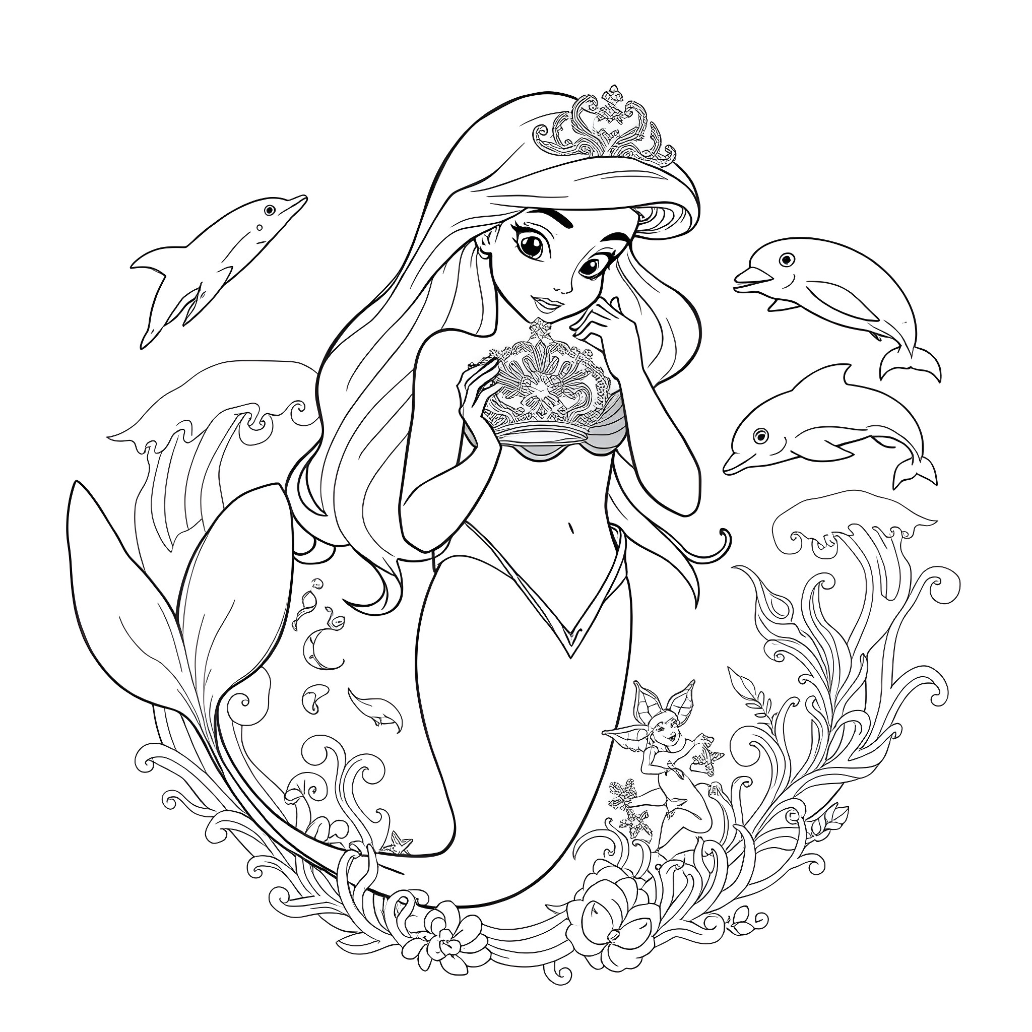 Ariel the Mermaid Surrounded by Sea Life Coloring Page (free black-and-white line drawing printable PDF for all, from beginners to advanced learners, including children, teens, adults, and seniors)