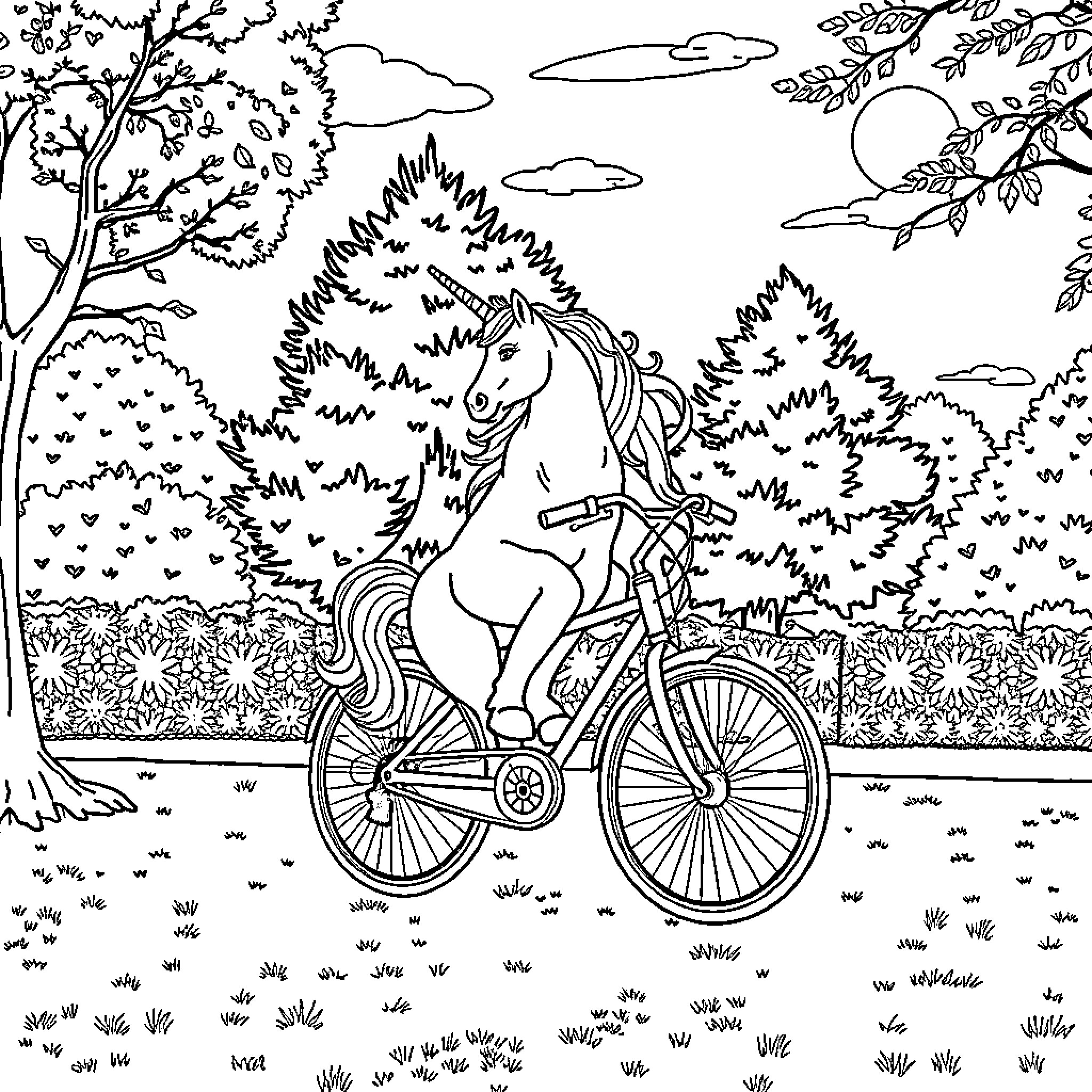Unicorn Riding a Bicycle in the Enchanted Forest Coloring Page (free black-and-white line drawing printable PDF for all, from beginners to advanced learners, including children, teens, adults, and seniors)
