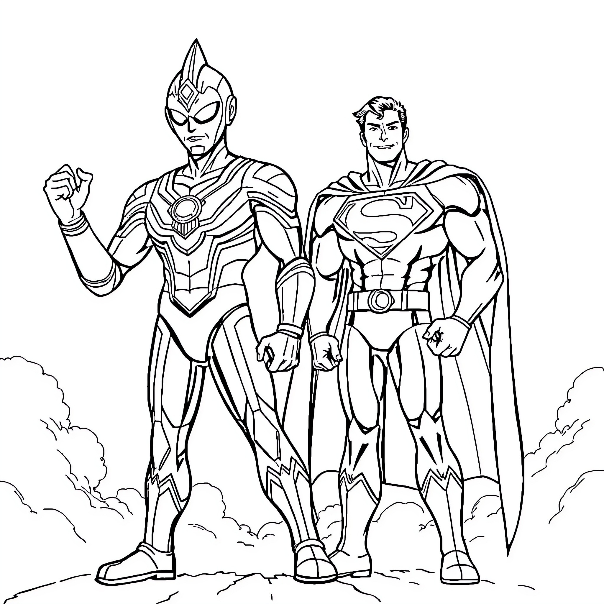 Ultraman and Superman in heroic poses Coloring Page (free black-and-white line drawing printable PDF for all, from beginners to advanced learners, including children, teens, adults, and seniors)