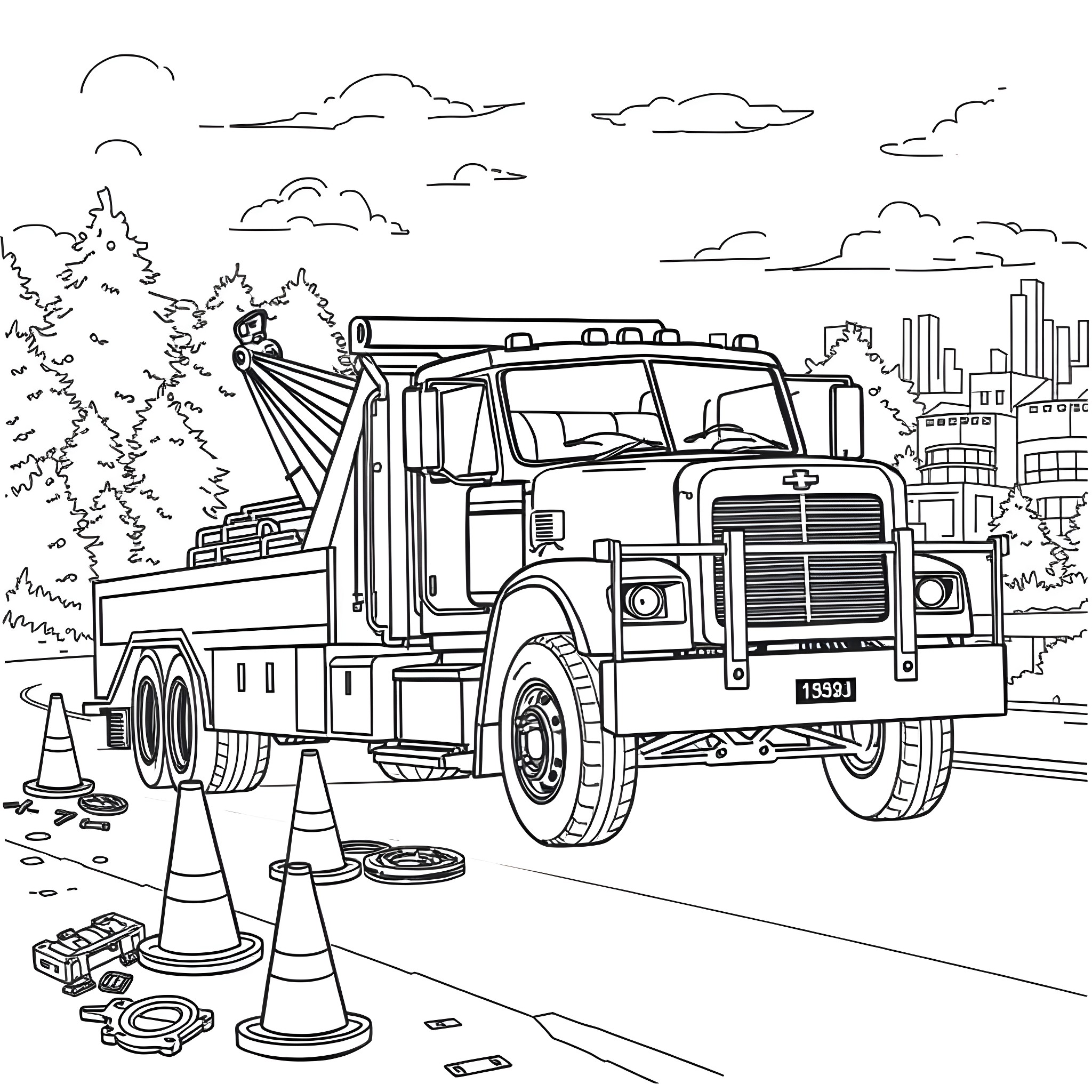 Tow Truck Assisting with Road Construction Coloring Page (free black-and-white line drawing printable PDF for all, from beginners to advanced learners, including children, teens, adults, and seniors)